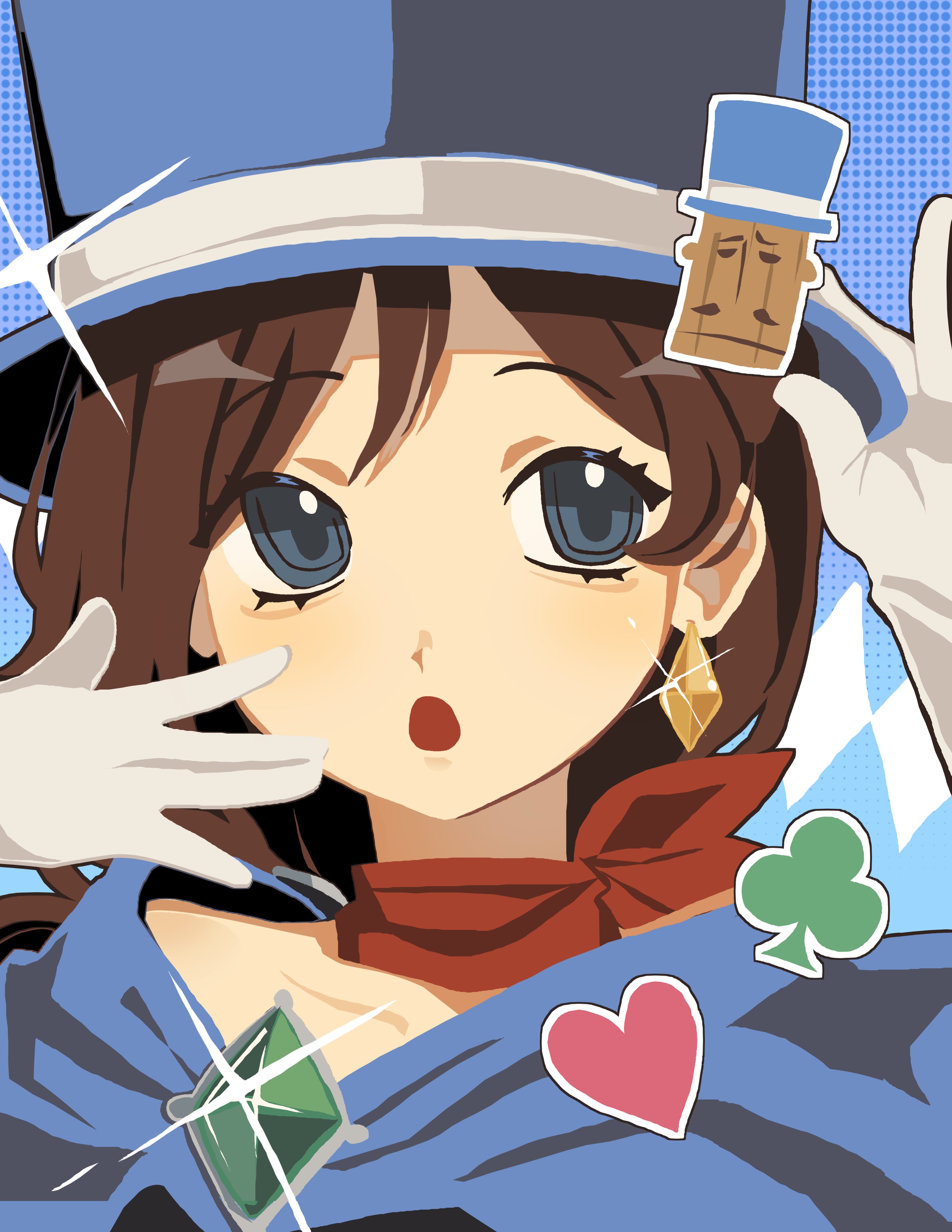 trucy wright, ace attorney, apollo justice: ace attorney, absurdres, commentary, highres, symbol-only commentary, 1girl, :o, adjusting clothes, adjusting headwear, aly (busydizzynlazy), blue background, blue cape, blue eyes, blue hat, brooch, brown hair, cape, club (shape), diamond earrings, earrings, gem, gloves, green gemstone, hat, heart ornament, jewelry, long hair, looking up, low-tied long hair, magician, mr hat (ace attorney), open mouth, polka dot, polka dot background, portrait, red scarf, scarf, single earring, solo, sparkle, swept bangs, top hat, white gloves