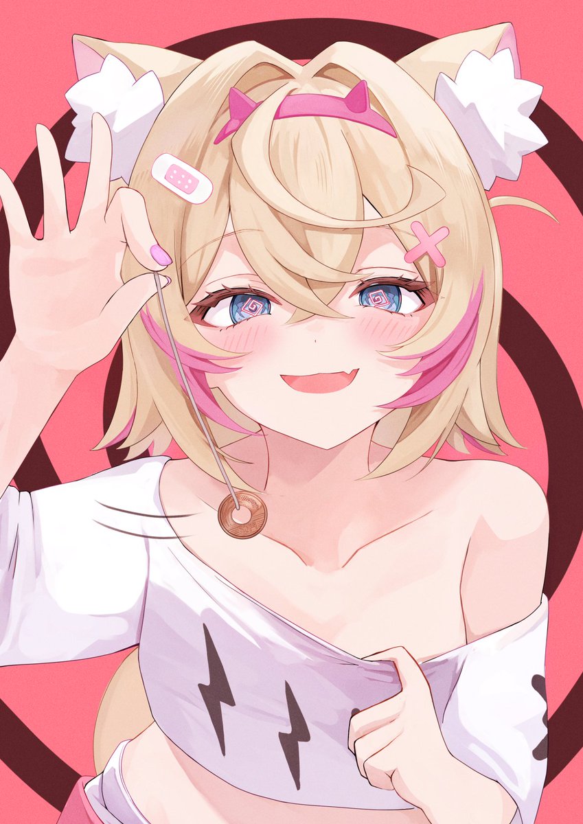 paru (parunprunpa), mococo abyssgard, hololive, hololive english, commentary, highres, 1girl, animal ear fluff, animal ears, bandaid, bandaid hair ornament, blonde hair, blue eyes, blush, collarbone, cropped shirt, crossed bangs, dog ears, dog girl, dot nose, double-parted bangs, fake horns, fang, from above, hair intakes, hair ornament, hairband, holding, horns, hypnosis, lightning bolt symbol, looking at viewer, midriff, mind control, motion lines, multicolored hair, nail polish, open mouth, pink hairband, pink nails, pink streaks, pulling own clothes, red background, shirt, short hair, simple background, single bare shoulder, single off shoulder, skin fang, solo, spiral background, streaked hair, symbol in eye, upper body, white shirt, x hair ornament