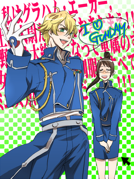 hayato (gt), hito (pixiv153199), billy katagiri, graham aker, riza hawkeye, roy mustang, fullmetal alchemist, gundam, gundam 00, bad id, bad pixiv id, 2boys, aiguillette, cosplay, crossdressing, crossdressing (mtf), male focus, multiple boys, parody, riza hawkeye (cosplay), roy mustang (cosplay), typo