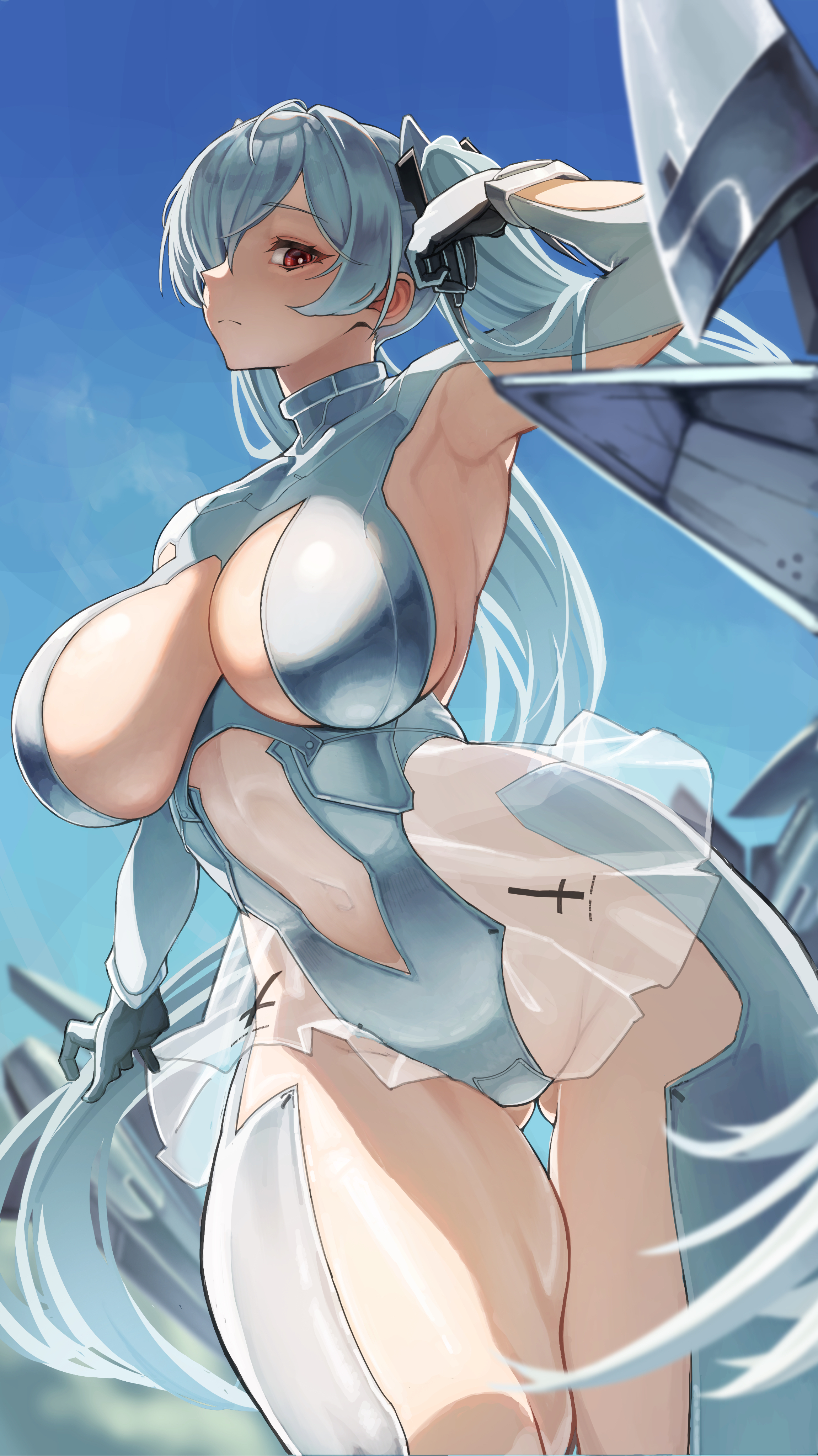 utsuke (u tuk e), cinderella (nikke), goddess of victory: nikke, absurdres, highres, 1girl, ass, bodysuit, breasts, gluteal fold, grey bodysuit, grey hair, large breasts, red eyes, see-through clothes, see-through skirt, skirt, solo, thick thighs, thighs