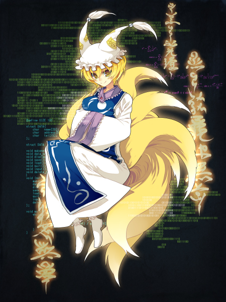 r/k, yakumo ran, touhou, 1girl, animal ears, animal hat, blonde hair, female focus, fox ears, fox tail, hands in opposite sleeves, hat, long sleeves, mob cap, short hair, solo, tail, tassel, text focus, wide sleeves