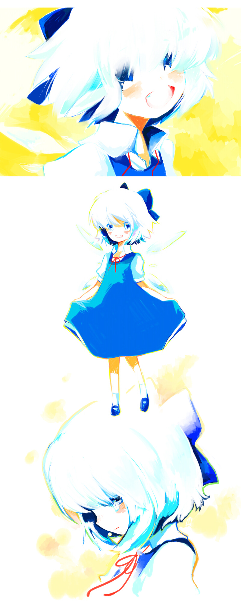 honoka (komakami), honoku, cirno, embodiment of scarlet devil, touhou, bad id, bad pixiv id, highres, 1girl, blue hair, female focus, ribbon, short hair, tears