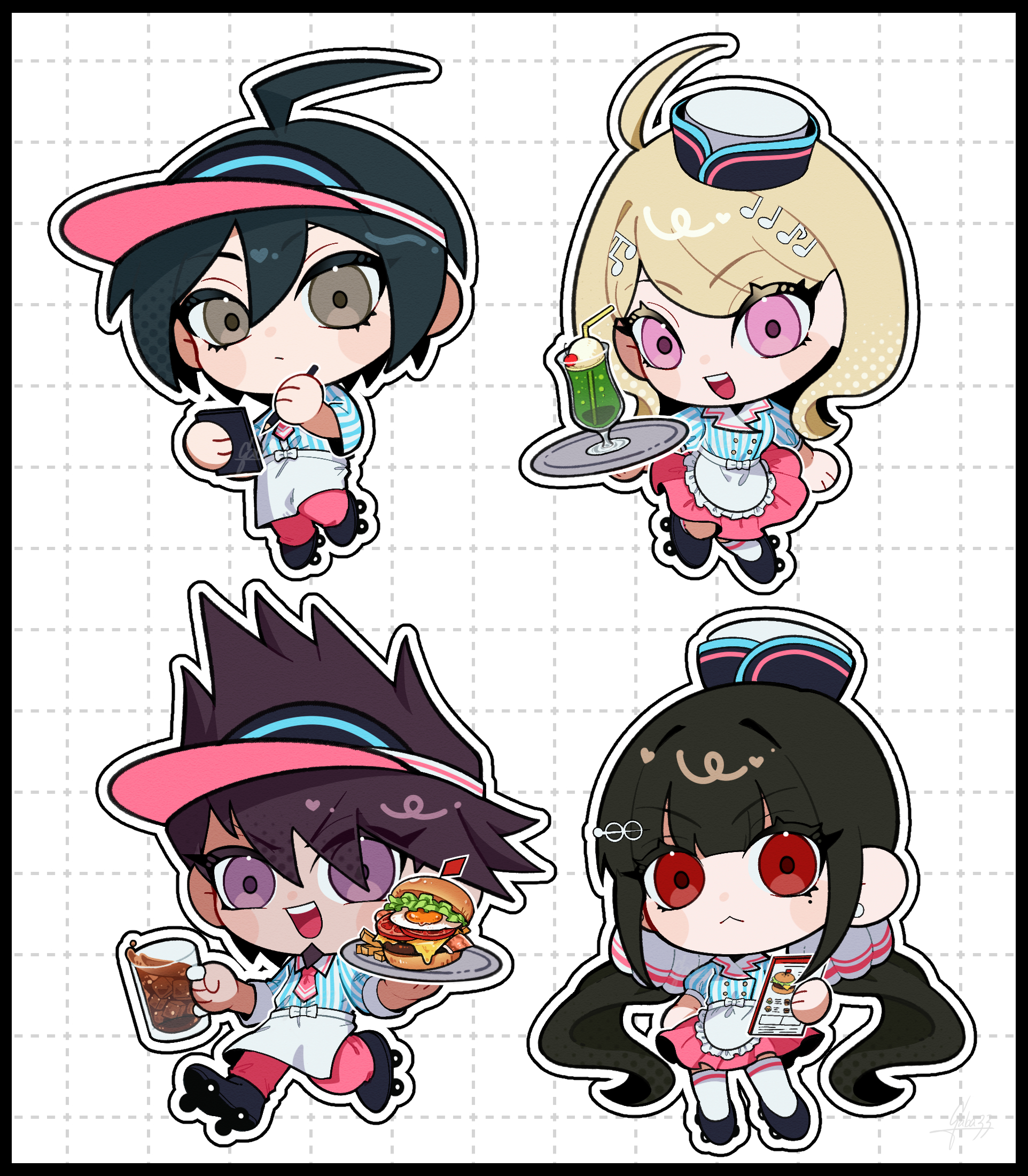 gaba33, akamatsu kaede, harukawa maki, momota kaito, saihara shuichi, danganronpa (series), danganronpa v3: killing harmony, commentary request, highres, 2boys, 2girls, :<, ahoge, alcohol, alternate costume, apron, beer, beer mug, black border, black hair, black hat, black shoes, blonde hair, blue shirt, blunt bangs, blush stickers, border, bow, brown hair, burger, buttons, chibi, circle skirt, clipboard, closed mouth, clothes writing, collared shirt, colored lapels, cup, double-breasted, earrings, expressionless, eyelashes, eyes visible through hair, facial hair, flag, food, fortissimo, fried egg, frilled apron, frills, goatee, grey eyes, grid background, hair between eyes, hair ornament, hair scrunchie, hairclip, halftone, happy, hat, holding, holding clipboard, holding cup, holding menu, holding pen, holding tray, infinity symbol, jewelry, kneehighs, lapels, light frown, long hair, long sleeves, low twintails, menu, mini hat, miniskirt, mole, mole under eye, mug, multiple boys, multiple girls, musical note, musical note hair ornament, necktie, notched lapels, open mouth, outline, pale skin, pants, pen, pink eyes, pink necktie, pink pants, pink skirt, pleated skirt, purple eyes, purple hair, red eyes, roller skates, scrunchie, shirt, shoes, short hair, signature, skates, skirt, smile, socks, spiked hair, standing, striped clothes, striped shirt, stud earrings, teeth, thighhighs, tray, twintails, two-tone hat, upper teeth only, vertical-striped clothes, vertical-striped shirt, very long hair, visor cap, waist apron, waist bow, waiter, waitress, walking, wavy hair, white apron, white background, white bow, white hat, white outline, white scrunchie, white socks, white thighhighs