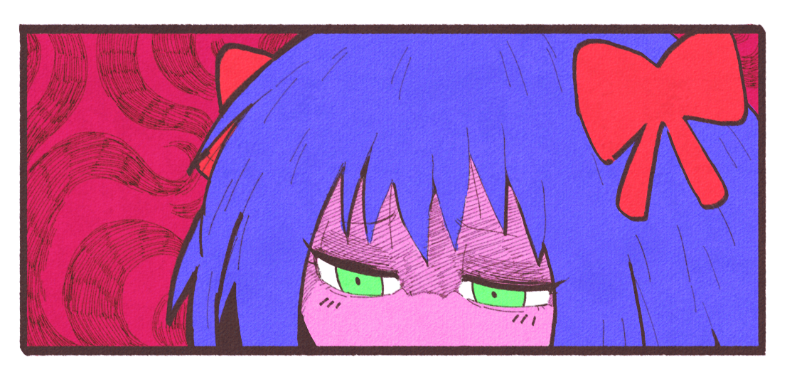 inkerton-kun, bury pink gril, 4chan, blue hair, border, colored skin, green eyes, hair ornament, hair ribbon, looking down, red background, red ribbon, ribbon, swirl, white border