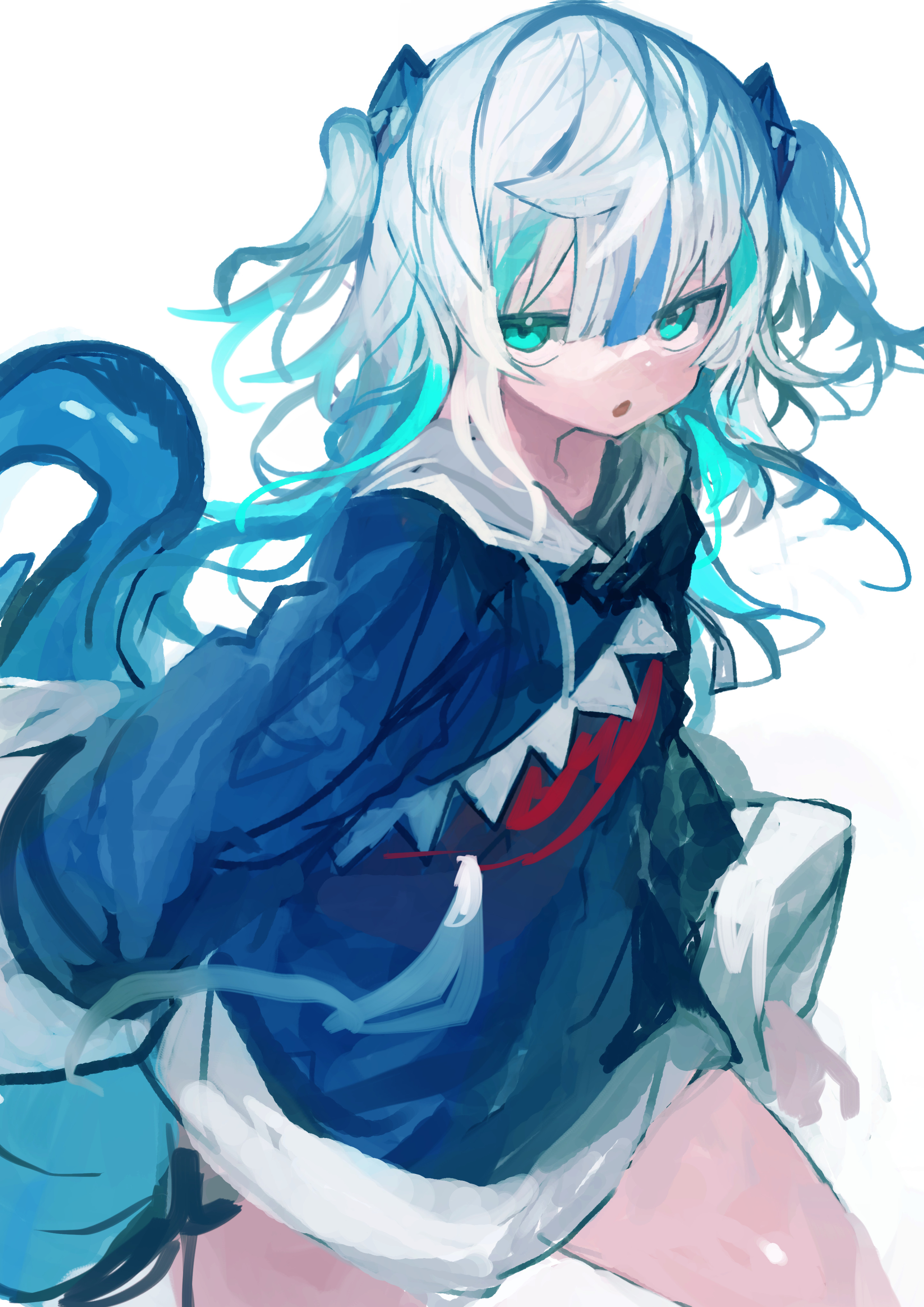 kaamin (mariarose753), gawr gura, gawr gura (1st costume), hololive, hololive english, absurdres, commentary, highres, 1girl, aqua eyes, aqua hair, blue hair, blue hoodie, fins, fish tail, hair between eyes, hood, hood down, hoodie, long hair, long sleeves, looking at viewer, multicolored hair, parted lips, simple background, solo, tail, two side up, virtual youtuber, white hair