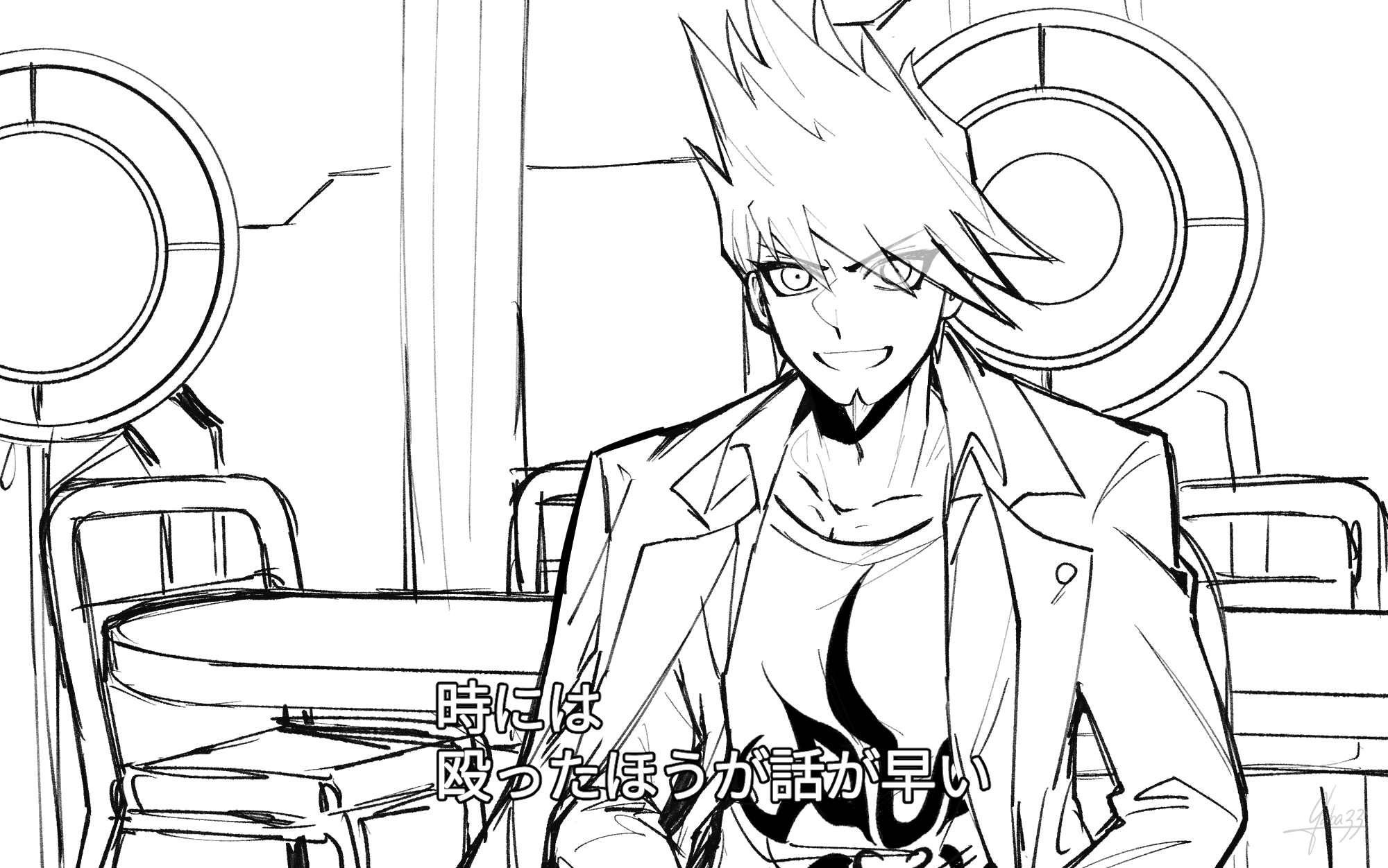 gaba33, momota kaito, danganronpa (series), danganronpa v3: killing harmony, commentary request, highres, translation request, 1boy, cafeteria, chair, coat partially removed, collarbone, collared coat, collared jacket, eyelashes, eyes visible through hair, facial hair, fake screenshot, flame print, goatee, greyscale, hair between eyes, happy, indoors, jacket, lapel pin, lapels, lineart, long sleeves, male focus, monochrome, notched lapels, open clothes, open jacket, open mouth, pectoral cleavage, pectorals, print shirt, round window, shirt, short hair, signature, smile, solo, spiked hair, standing, table, upper body, window