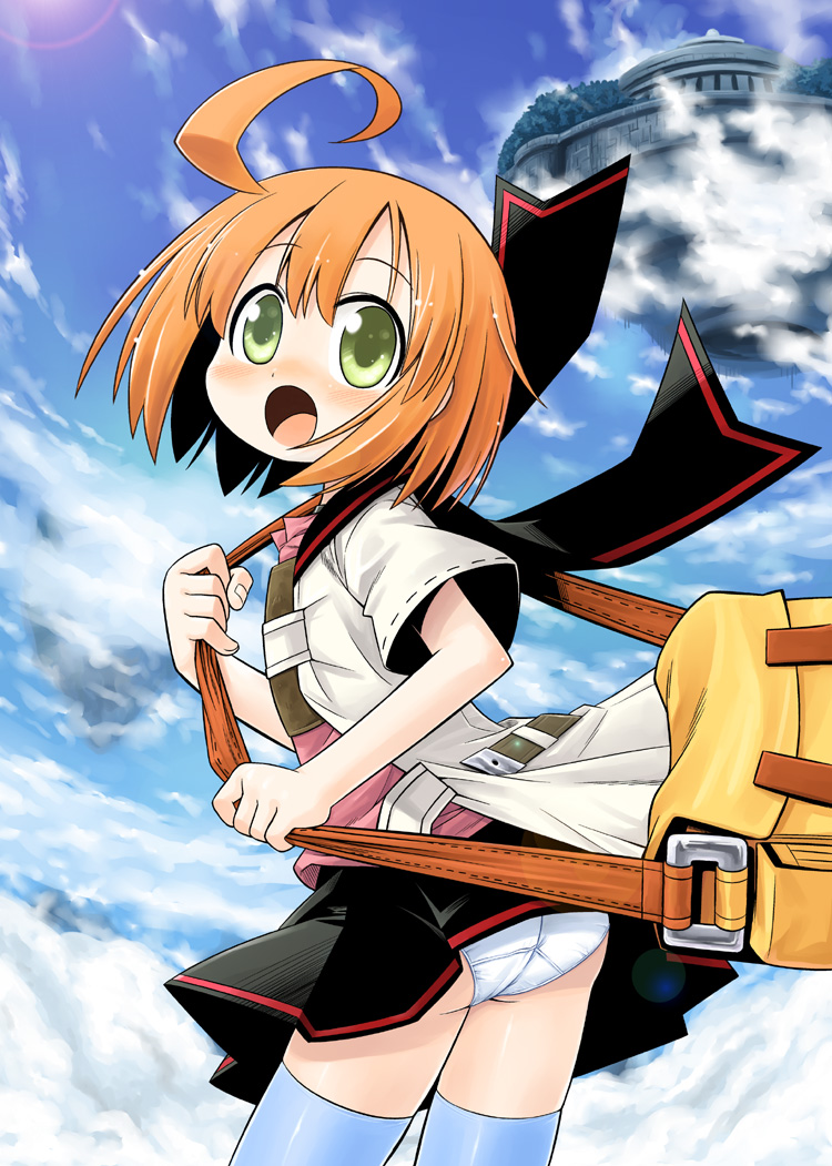 minami juujisei, medic (sekaiju), medic 2 (sekaiju), atlus, etrian odyssey, 1girl, :o, ahoge, ass, bag, belt, blue thighhighs, blush, cloud, day, dress, embarrassed, female focus, flat chest, floating island, from behind, green eyes, looking at viewer, looking back, open clothes, open mouth, orange hair, outdoors, panties, pantyshot, pleated skirt, sailor dress, satchel, short hair, skirt, sky, solo, standing, surprised, thighhighs, underwear, upskirt, white panties, wind, wind lift