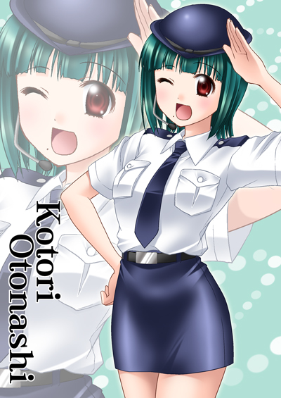 itsuki sayaka, otonashi kotori, idolmaster, idolmaster (classic), idolmaster 1, 00s, 1girl, female focus, green hair, hat, miniskirt, necktie, one eye closed, pencil skirt, police, police uniform, policewoman, short hair, skirt, solo, wink
