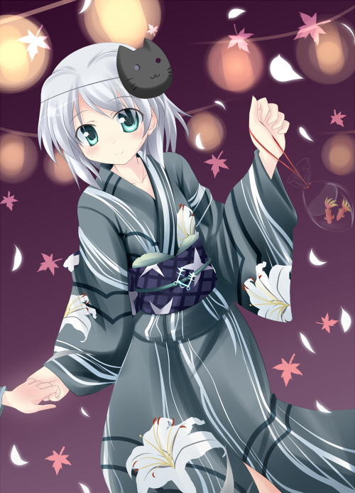 makino (ukiuo), sanya v. litvyak, strike witches, world witches series, silver hair, 00s, 1girl, bag, female focus, fish, floral print, flower, goldfish, green eyes, japanese clothes, kimono, lily (flower), mask, short hair, solo, yukata