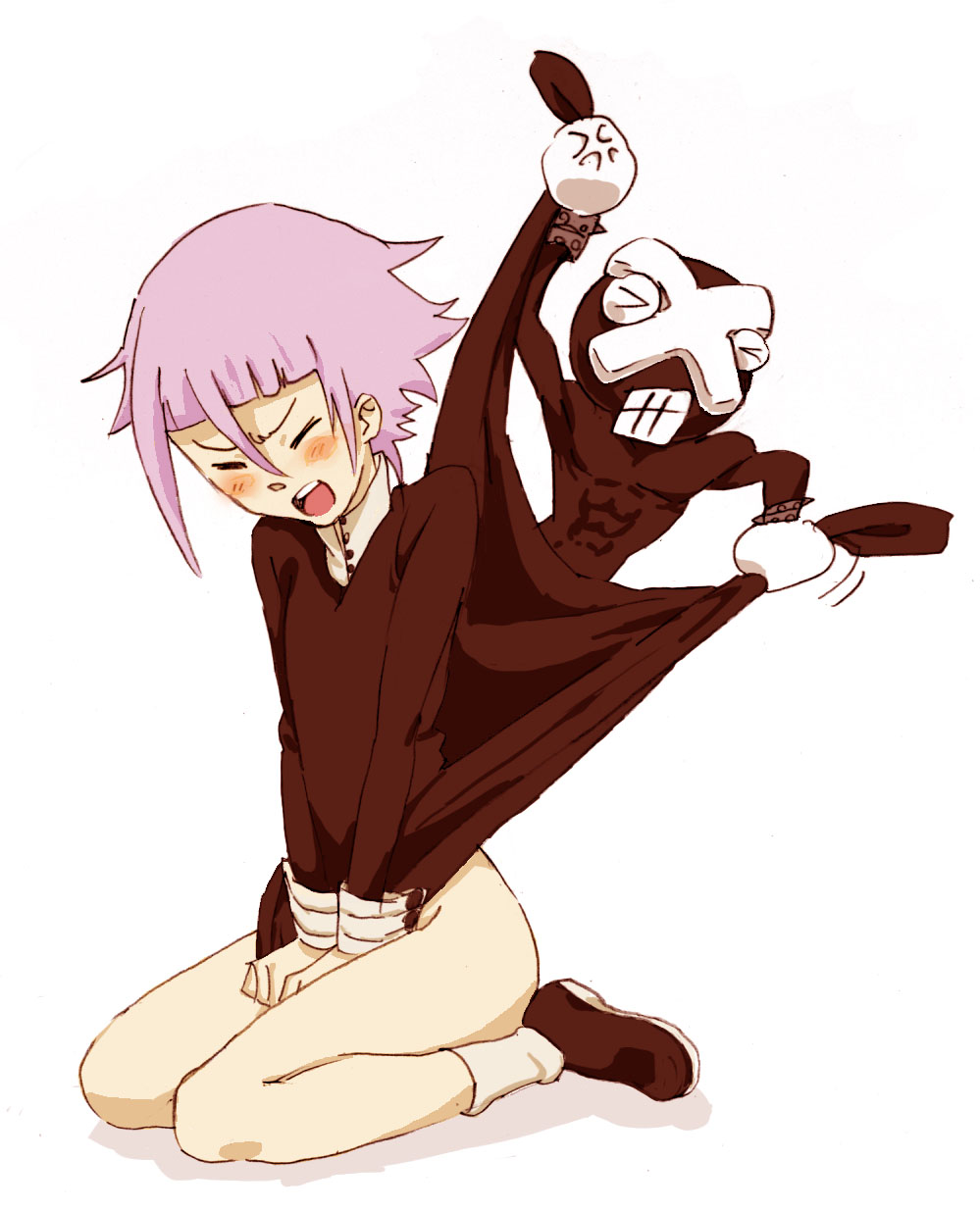 tamura satomi, crona (soul eater), ragnarok (soul eater), soul eater, gender request, highres, > <, 00s, abs, androgynous, anger vein, black dress, black skin, blush, bullying, clenched teeth, closed eyes, clothes lift, colored skin, cuff links, dress, dress lift, female focus, gauntlets, high collar, muscular, no panties, open mouth, pink hair, pulling, shoes, shouting, sitting, skirt, skirt lift, spikes, teeth, wrist cuffs