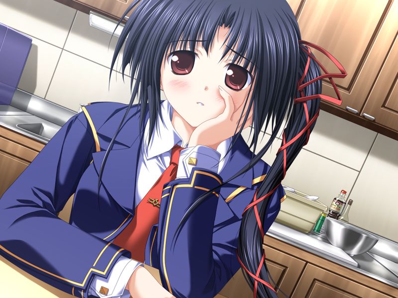tsukimori hiro, nanjou ibuki, akiiro renka, game cg, non-web source, black hair, blush, bow, brown eyes, hand on own face, kitchen, long hair, looking at viewer, red bow, ribbon, school uniform, side ponytail, table
