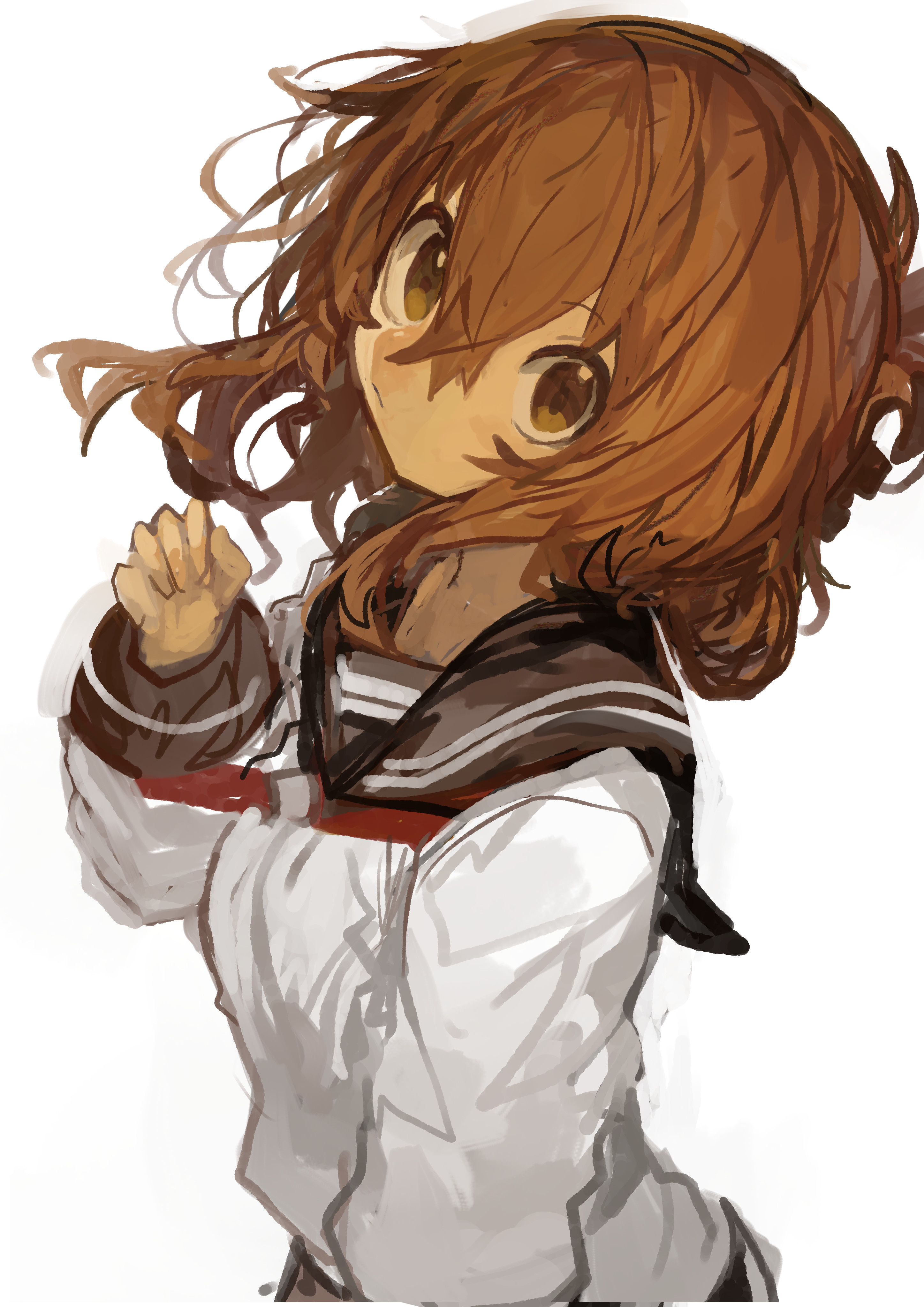 kaamin (mariarose753), inazuma (kancolle), kantai collection, absurdres, commentary, highres, 1girl, black sailor collar, brown eyes, brown hair, closed mouth, folded ponytail, hair between eyes, long sleeves, looking at viewer, neckerchief, red neckerchief, sailor collar, school uniform, serafuku, simple background, solo, upper body, white background