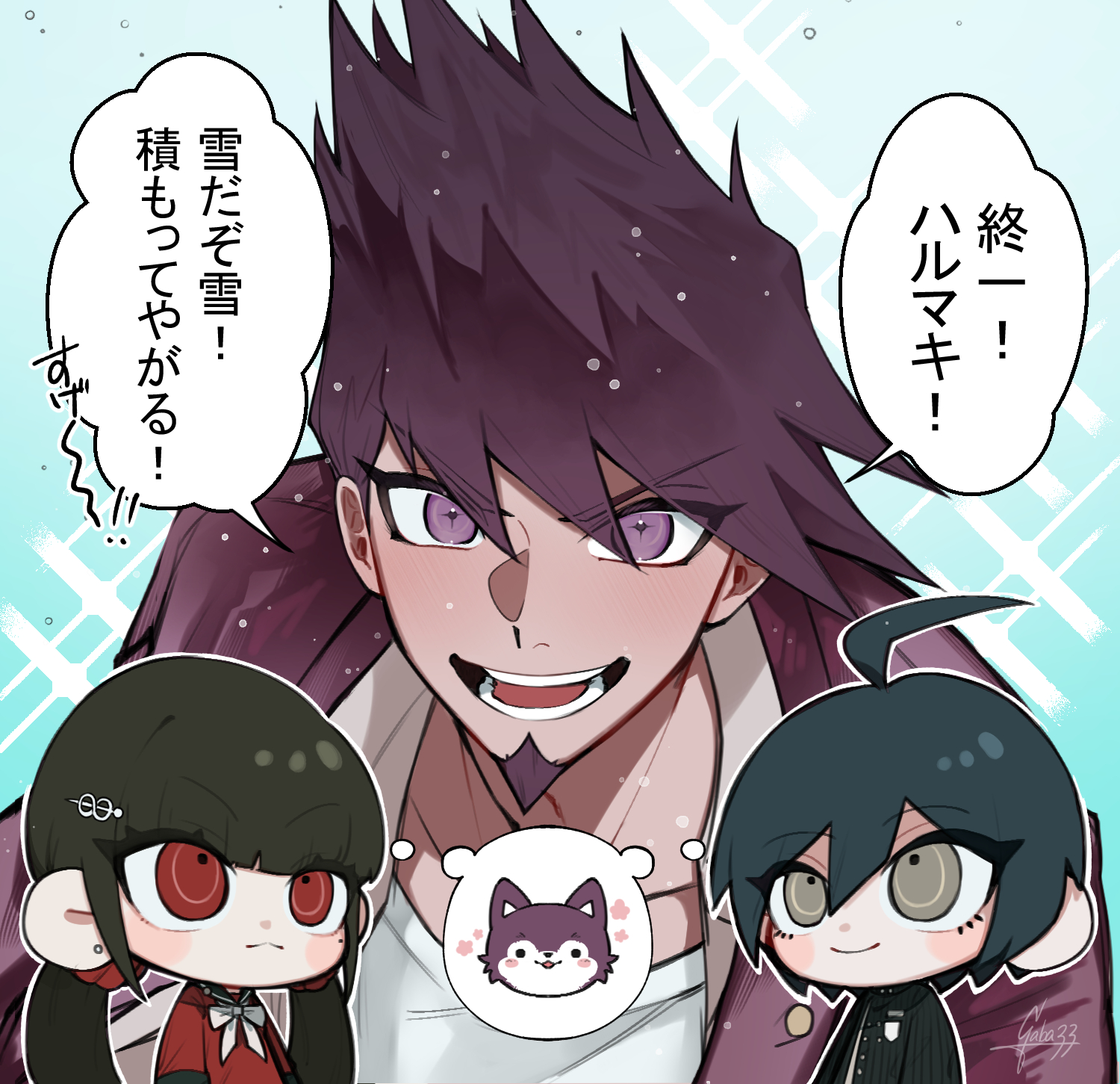 gaba33, harukawa maki, momota kaito, saihara shuichi, danganronpa (series), danganronpa v3: killing harmony, commentary request, highres, translation request, 1girl, 2boys, ahoge, anger vein, black jacket, black sailor collar, blue background, blue hair, blunt bangs, blush stickers, bow, bowtie, breast pocket, brown hair, buttons, chibi, closed mouth, coat, coat partially removed, collarbone, collared coat, collared jacket, dog, double-breasted, earrings, expressionless, facial hair, gakuran, goatee, gradient background, grey eyes, grey jacket, hair between eyes, hair ornament, hair scrunchie, hairclip, happy, high collar, infinity symbol, jacket, jewelry, lapels, long eyelashes, long hair, long sleeves, looking at another, looking at viewer, low twintails, male focus, multiple boys, notched lapels, open clothes, open jacket, open mouth, outline, pinstripe jacket, pinstripe pattern, pocket, purple coat, purple eyes, purple hair, red eyes, red scrunchie, red shirt, sailor collar, school uniform, scrunchie, serafuku, shared speech bubble, shirt, short hair, signature, sleeve cuffs, smile, sparkle, speech bubble, spiked hair, spoken anger vein, straight hair, stud earrings, teeth, thought bubble, three-quarter sleeves, twintails, upper body, upturned eyes, water drop, white bow, white bowtie, white outline, white shirt