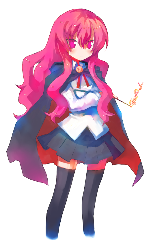 tsuchiya akira, louise francoise le blanc de la valliere, zero no tsukaima, bad id, bad pixiv id, 00s, 1girl, cape, female focus, miniskirt, pentacle, pink eyes, pink hair, red eyes, red hair, skirt, solo, thighhighs, wand, white background, zettai ryouiki