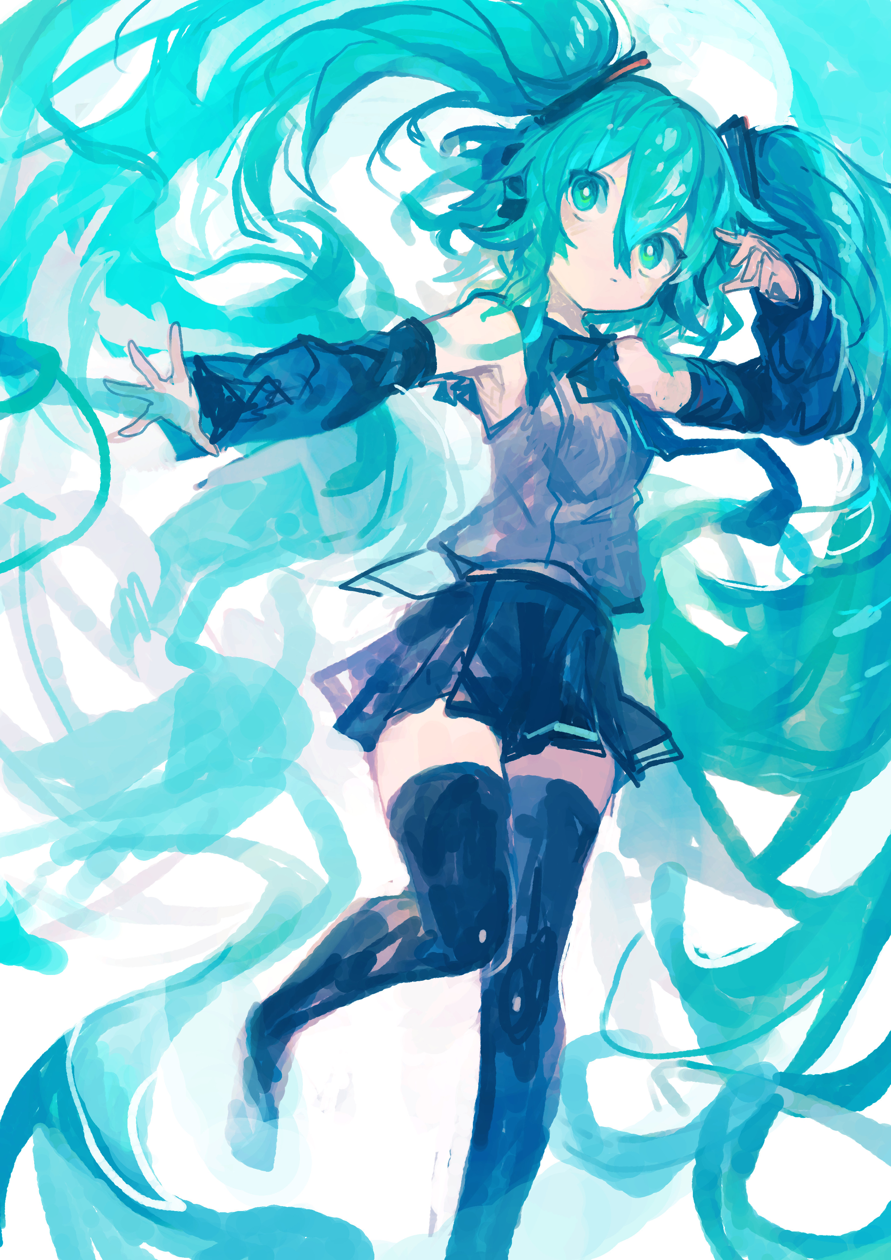 kaamin (mariarose753), hatsune miku, vocaloid, absurdres, highres, 1girl, aqua eyes, aqua hair, black necktie, black skirt, black sleeves, breasts, closed mouth, detached sleeves, grey shirt, hair between eyes, hair ornament, long hair, miniskirt, necktie, pleated skirt, shirt, skirt, sleeveless, sleeveless shirt, small breasts, solo, thighhighs, twintails, very long hair, white background