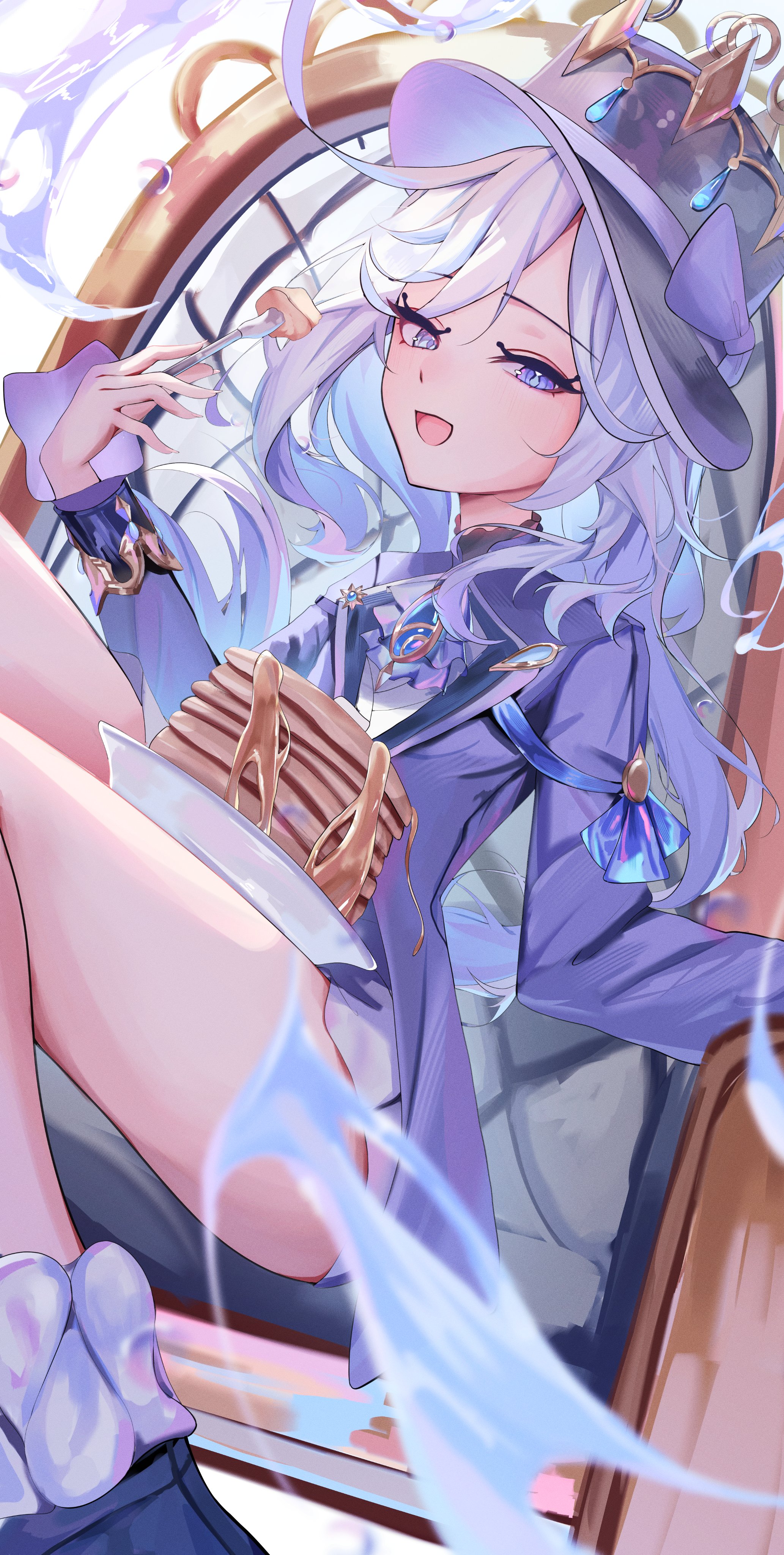 mumu (2arlcevpxn83807), furina (genshin impact), genshin impact, absurdres, highres, 1girl, blue eyes, blue hair, breasts, food, fork, hat, holding, holding fork, looking at viewer, open mouth, pancake, sitting, small breasts, solo