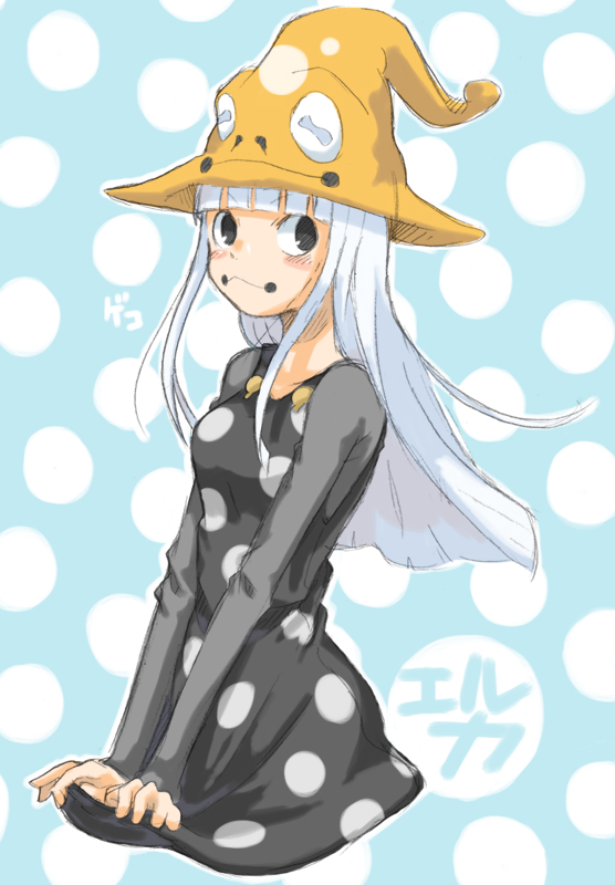 eruka frog, soul eater, 00s, 1girl, :<, black eyes, blush, dress, female focus, hat, long hair, polka dot, polka dot background, polka dot dress, solo, white hair, witch hat