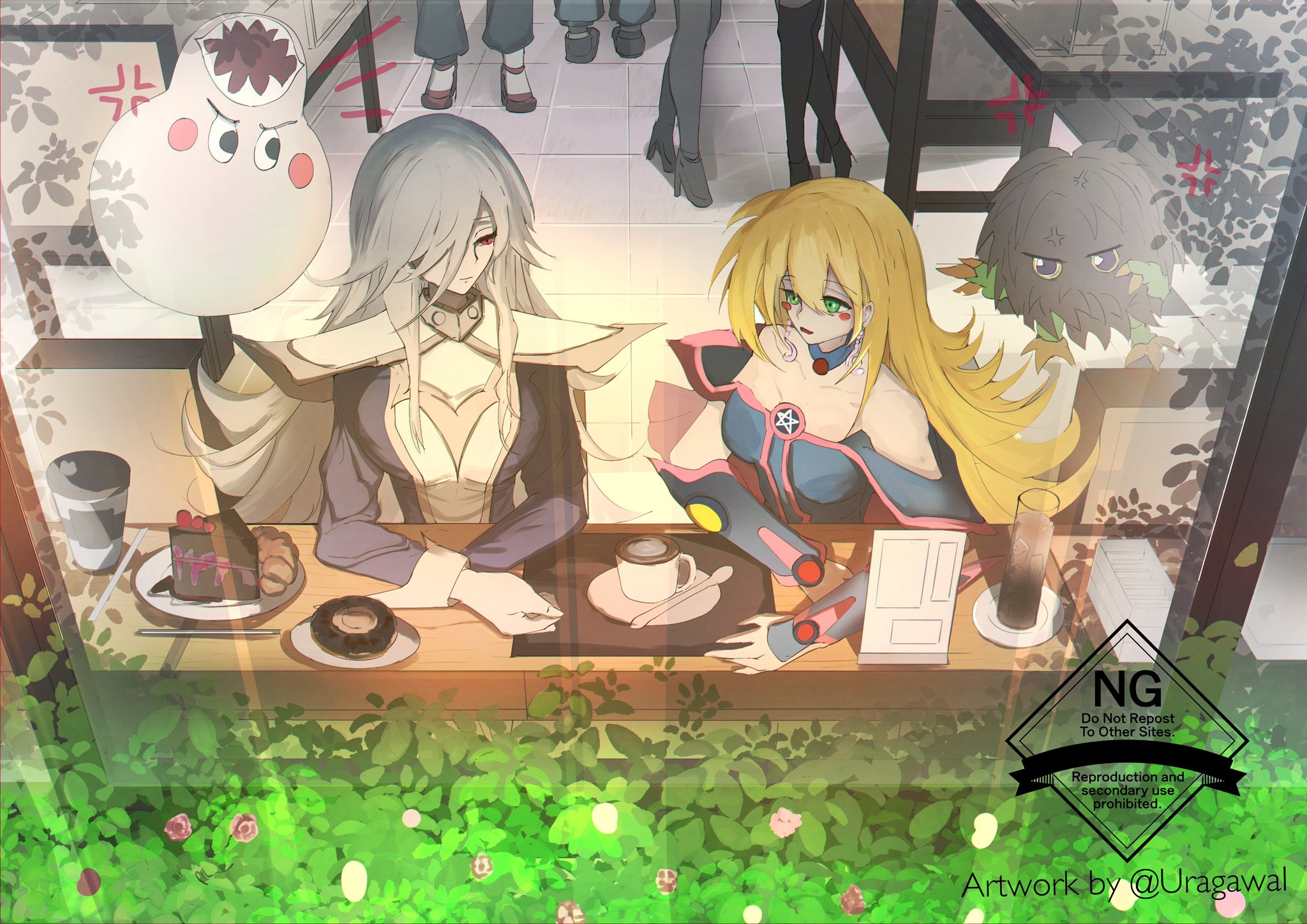 uragawai, dark magician girl, kuriboh, marshmallon, silent magician, yu-gi-oh!, highres, 2girls, anger vein, bare shoulders, blonde hair, cake, cake slice, closed mouth, cup, dress, duel monster, earrings, food, green eyes, grey hair, hair between eyes, hair over one eye, jewelry, long hair, long sleeves, multiple girls, open mouth, people, plate, red eyes, teacup, upper body
