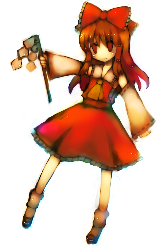 tsuchiya akira, hakurei reimu, touhou, bad id, bad pixiv id, 1girl, bow, brown hair, detached sleeves, female focus, full body, hair bow, simple background, solo, white background