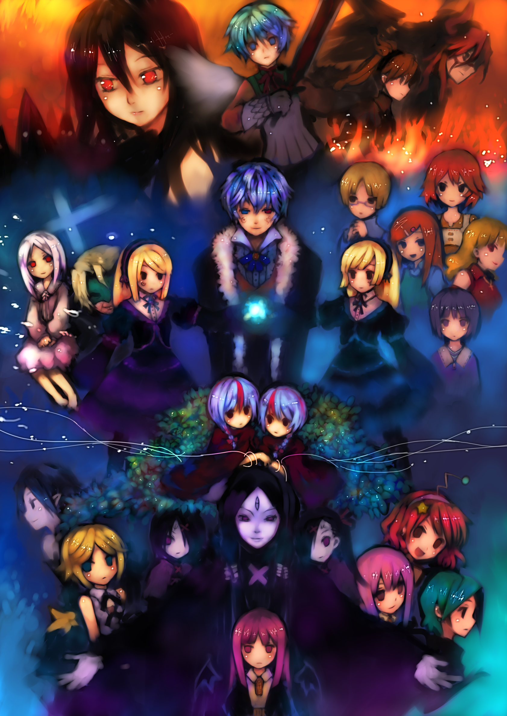 tsuchiya akira, abyss (sound horizon), artemisia, baroque (sound horizon), chronica, eien no shounen, el (sound horizon), eleuseus, hiver laurant, hortense (sound horizon), layla (sound horizon), lost-ko, mu (sound horizon), phi (sound horizon), picomari, sacrifice, shaytan, shaytan (sound horizon), soror, stardust, thanatos-ko, thanatos (sound horizon), tsurugi no shounen, violette (sound horizon), yield, chronicle 2nd, elysion, lost (sound horizon), moira, pico magic, roman (sound horizon), seisen no iberia, shounen wa tsurugi wo…, sound horizon, thanatos (album), bad id, bad pixiv id, highres, 6+boys, 6+girls, black hair, blonde hair, blue eyes, blue hair, brown hair, demon, demon boy, demon wings, dress, everyone, glasses, hair ornament, hairpin, headband, long hair, mini demon wings, mini wings, multicolored hair, multiple boys, multiple girls, purple eyes, purple hair, red eyes, red hair, short hair, siblings, sword, tattoo, twins, weapon, white hair, wings