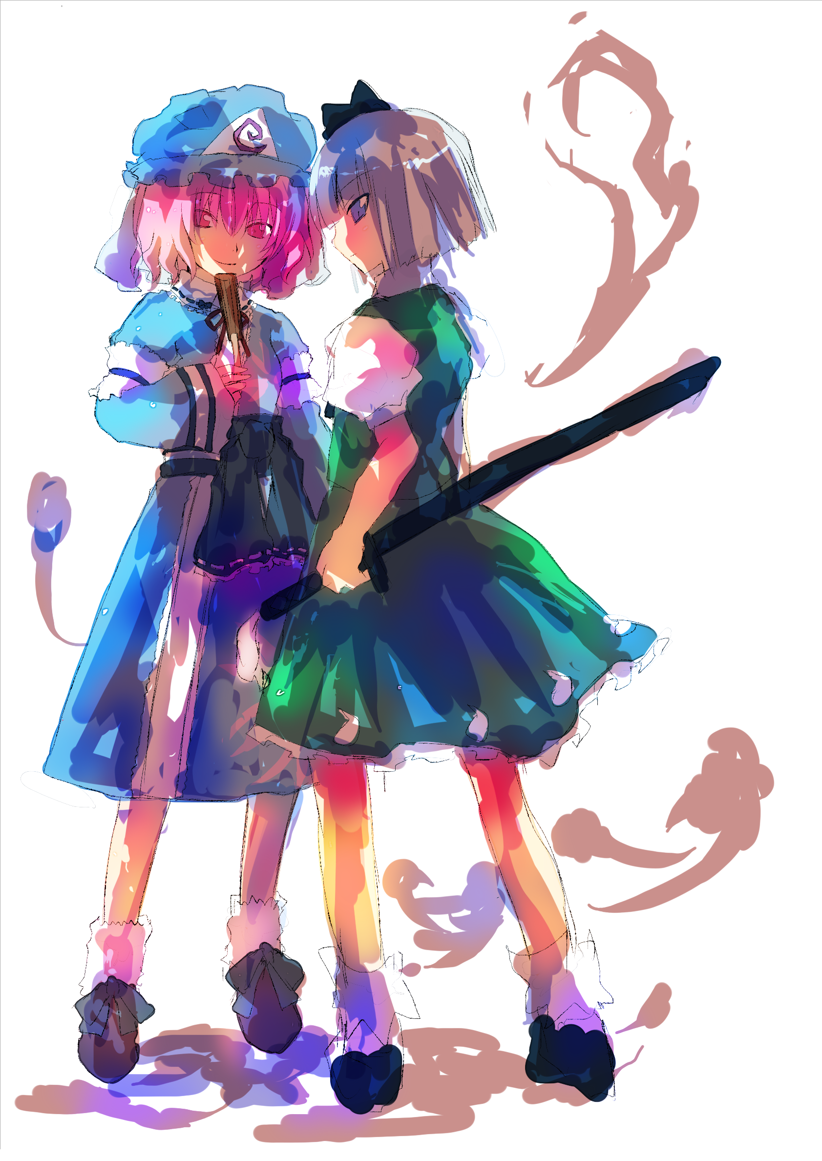 tsuchiya akira, konpaku youmu, konpaku youmu (ghost), saigyouji yuyuko, touhou, bad id, bad pixiv id, highres, 2girls, dress, female focus, full body, hat, mob cap, multiple girls, sketch, socks, white background