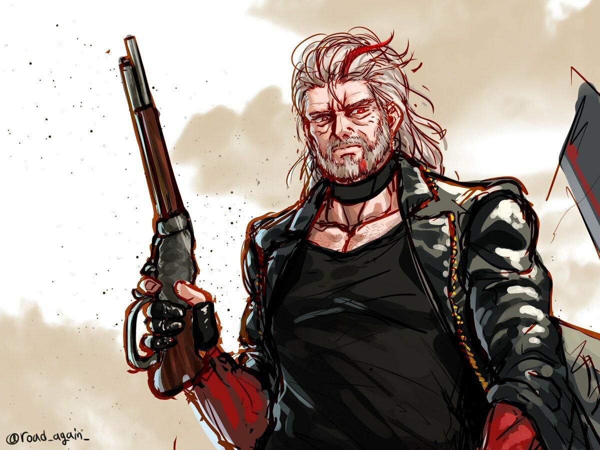 m1887 (girls' frontline), girls' frontline, terminator (series), artist request, 1boy, black jacket, bread, choker, food, gloves, gun, jacket, long hair, multicolored hair, red eyes, shotgun, weapon
