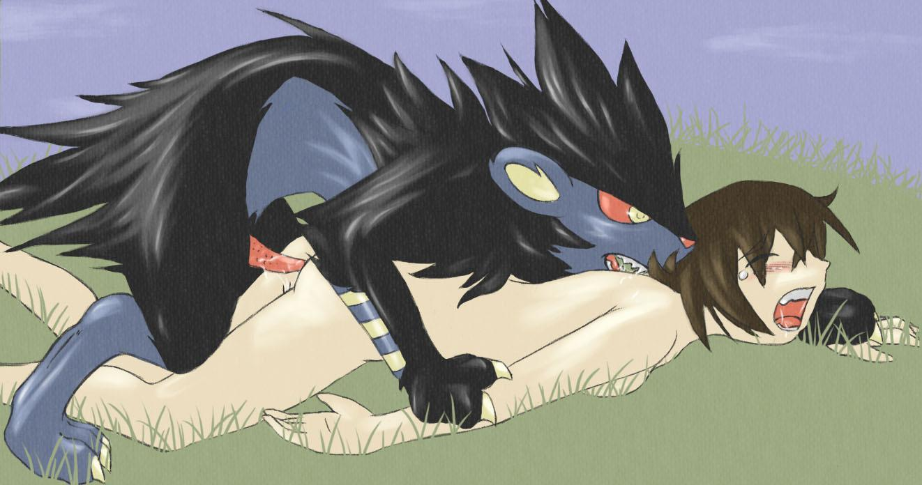 luxray, nintendo, pokemon, 1girl, anal, blush, breast press, brown hair, closed eyes, from behind, gen 4 pokemon, imminent rape, interspecies, nude, open mouth, outdoors, penis, pokemon (creature), red eyes, screaming, short hair, teeth, uncensored