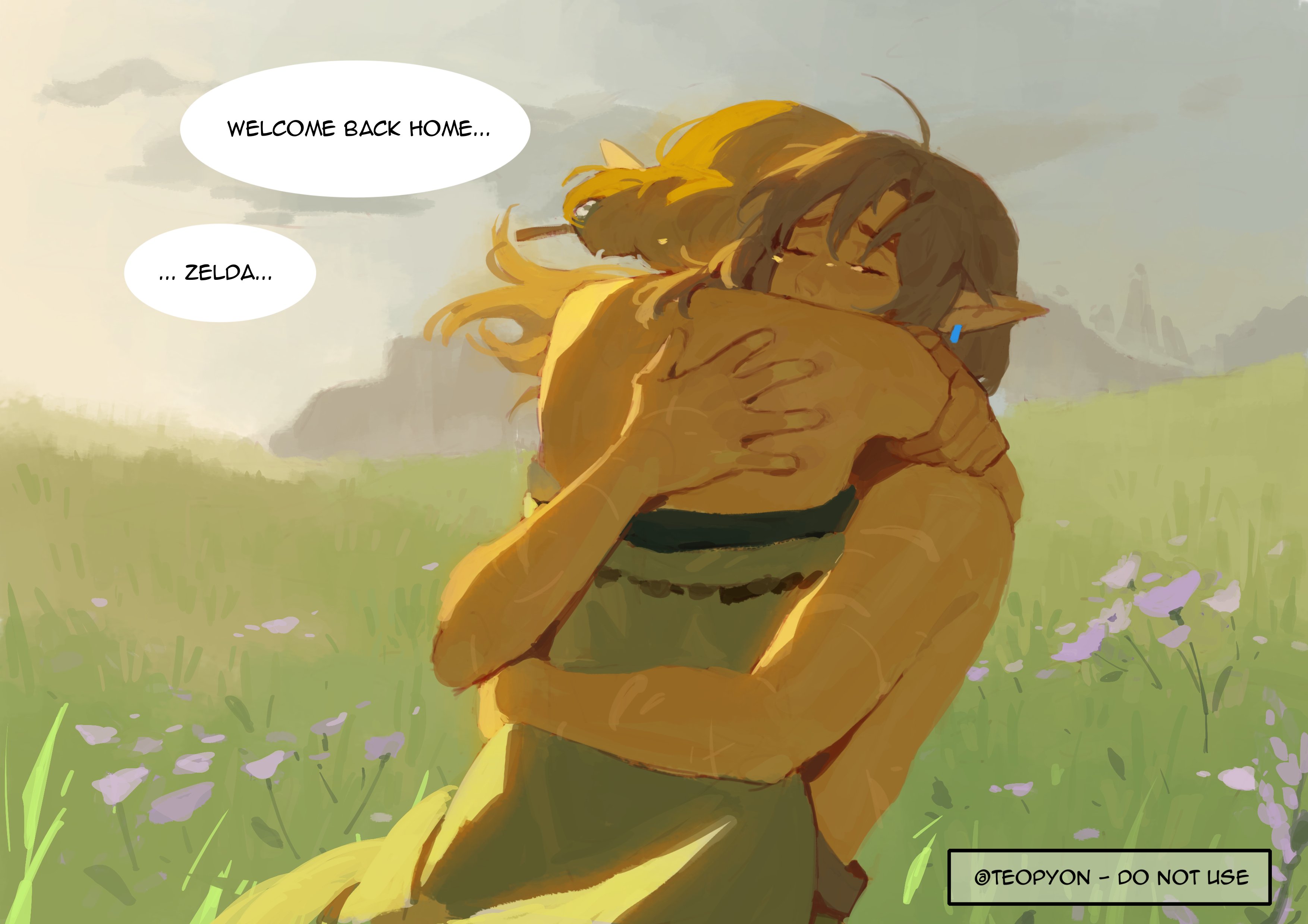 pyonteo, link, princess zelda, nintendo, the legend of zelda, the legend of zelda: tears of the kingdom, absurdres, hashtag-only commentary, highres, …, 1boy, 1girl, ahoge, archaic set (zelda), arm around neck, artist name, blonde hair, closed eyes, cloud, cloudy sky, couple, crying, dress, earrings, english text, flower, grass, hetero, hug, jewelry, long hair, mountain, nature, pointy ears, sad, scar, short hair, sidelocks, sky, speech bubble, upper body