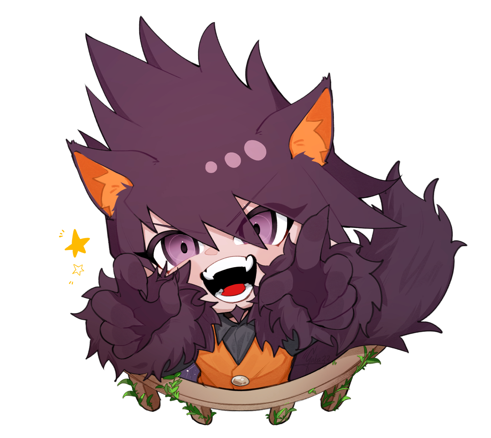 gaba33, momota kaito, danganronpa (series), danganronpa v3: killing harmony, commentary request, highres, 1boy, animal ear fluff, animal ears, black shirt, blush stickers, buttons, chibi, claw pose, collared shirt, cropped torso, eyelashes, eyes visible through hair, fangs, from above, fur-trimmed gloves, fur trim, gloves, gold buttons, hair between eyes, halloween costume, happy, long eyelashes, male focus, notice lines, official alternate costume, open mouth, orange vest, overgrown, purple eyes, purple gloves, purple hair, railing, shirt, short hair, simple background, smile, solo, space print, spiked hair, star (symbol), starry sky print, tail, teeth, vest, werewolf costume, white background, wolf boy, wolf ears, wolf tail