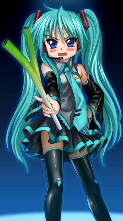 mutsuki (moonknives), hatsune miku, hiiragi kagami, lucky star, vocaloid, aqua hair, blue eyes, blush, cosplay, detached sleeves, green hair, hatsune miku (cosplay), headphones, long hair, microphone, miniskirt, necktie, skirt, solo, spring onion, thighhighs, twintails, yamaha, zettai ryouiki
