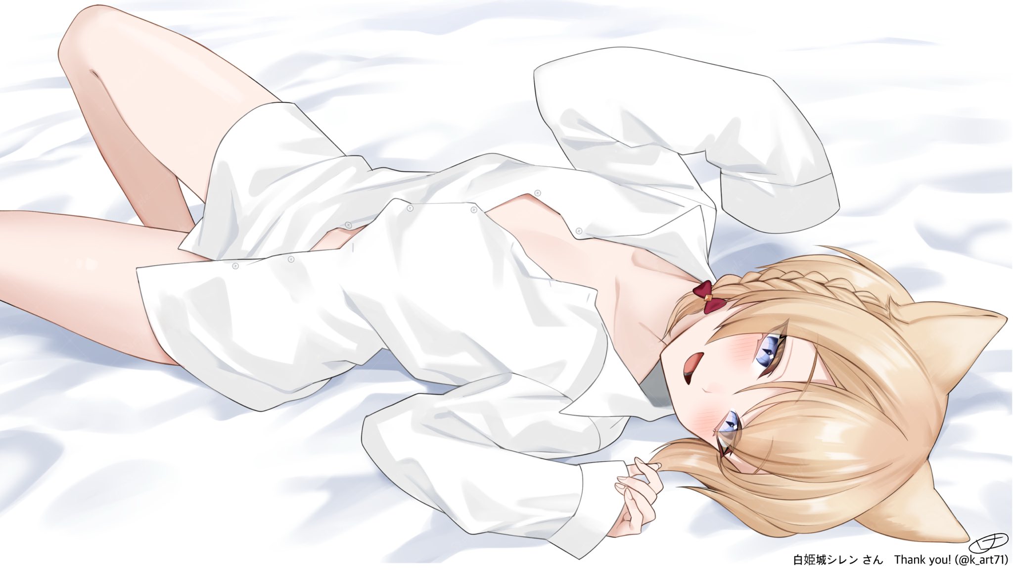 k (art71), indie virtual youtuber, character request, commission, highres, skeb commission, 1boy, animal ears, blonde hair, bow, braid, buttons, collarbone, grey eyes, hair bow, lying, naked shirt, on back, open mouth, red bow, shirt, short hair, sleeves past wrists, smile, thank you, twitter username, virtual youtuber, white shirt