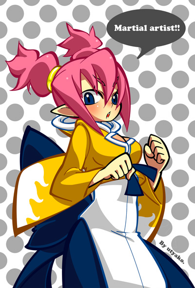 utyako, female brawler (disgaea), martial artist (disgaea), disgaea, makai senki disgaea 3, 1girl, blue eyes, blush, breasts, cleavage, cleavage cutout, clenched hand, clenched hands, clothing cutout, female focus, fighting stance, japanese clothes, open mouth, pink hair, pointy ears, solo, twintails