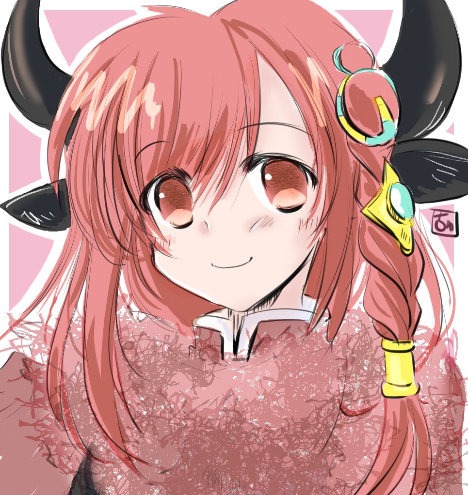chuchi suko, fire emblem, nintendo, commentary request, 1girl, animal ears, blush, braid, carina (fire emblem), closed mouth, cow ears, cow girl, cow horns, fire emblem shadows, fur scarf, horns, red hair, smile, upper body