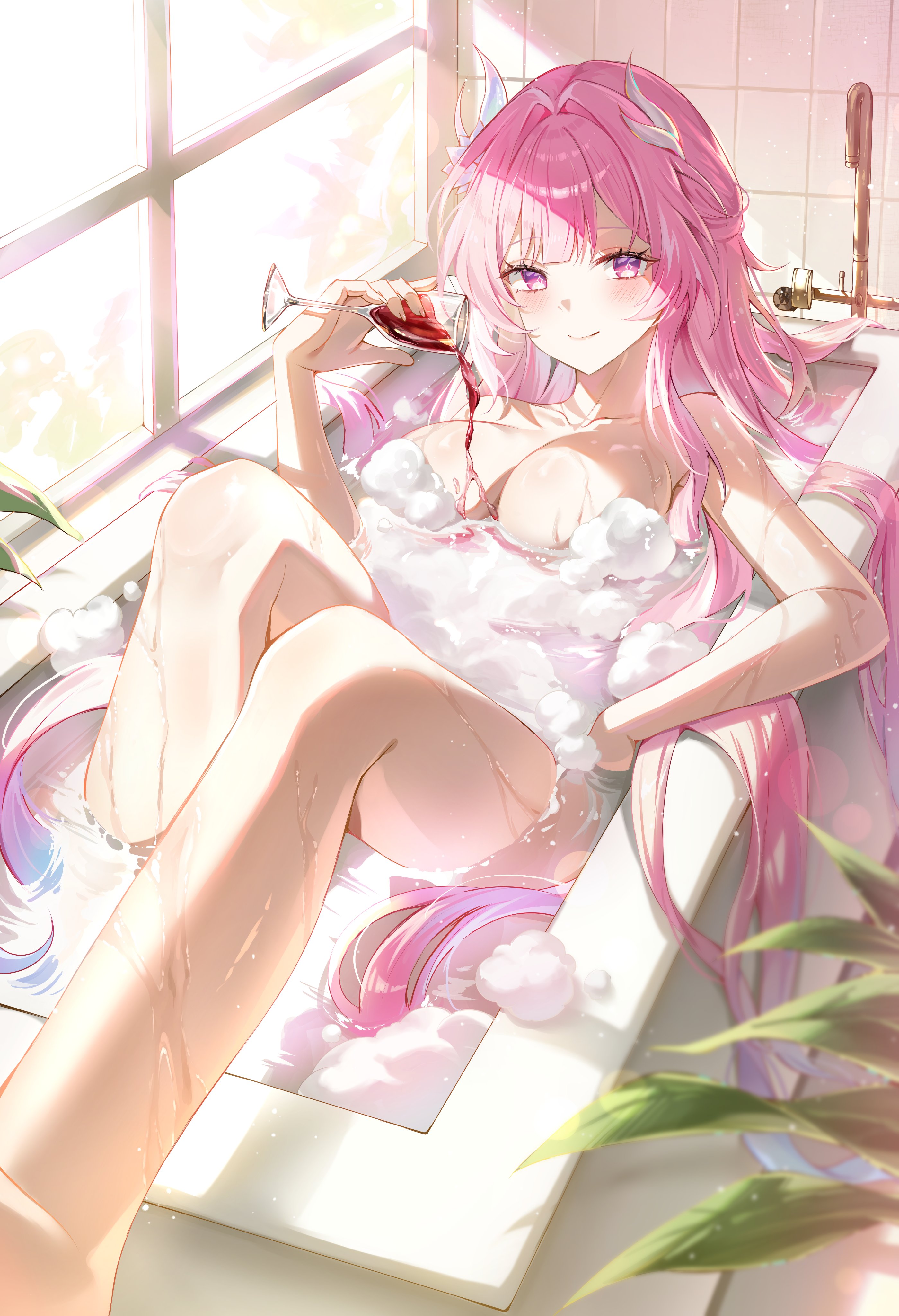 ien (to yen), cyrene (honkai: star rail), cyrene (ripples of past reverie) (honkai: star rail), honkai: star rail, honkai (series), absurdres, commentary, highres, symbol-only commentary, 1girl, bathing, bathroom, blush, breasts, closed mouth, collarbone, convenient censoring, cup, diamond-shaped pupils, diamond (shape), drinking glass, elbow rest, fingernails, hair flowing over, hair intakes, hair ornament, holding, holding cup, indoors, knees up, large breasts, long hair, looking at viewer, partially submerged, pink hair, pouring, pouring onto self, purple eyes, smile, soap bubbles, soap censor, solo, symbol-shaped pupils, very long hair, wet