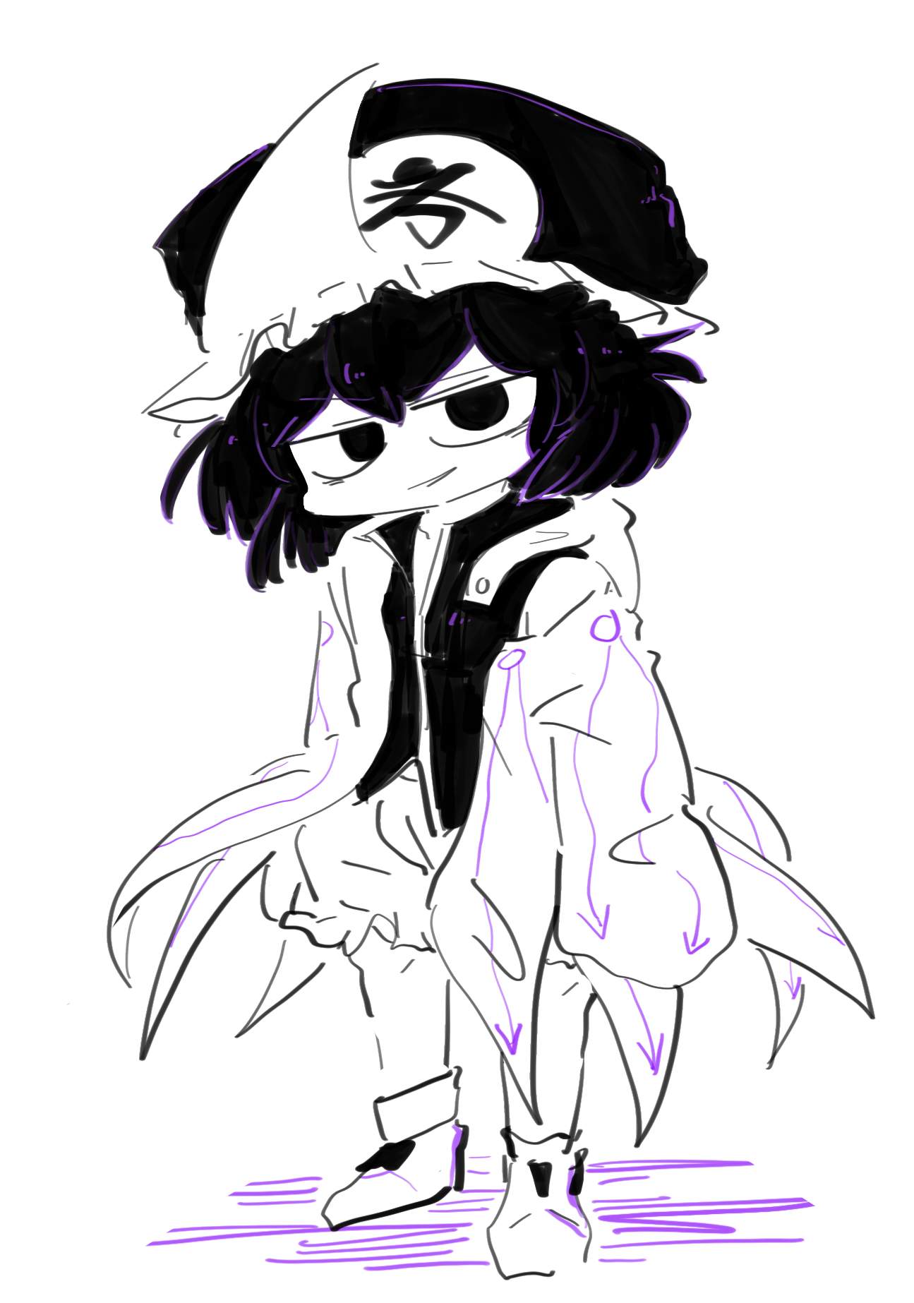 aodo mikan, shitodo kuroji, len'en, highres, 1other, androgynous, ankle socks, arrow print, bags under eyes, black hair, boots, buttons, clothing cutout, coattails, collared shirt, colored shadow, detached hood, frilled headwear, frilled shorts, frills, full body, greyscale, hair between eyes, hat, high collar, hood, hood down, hooded jacket, jacket, jitome, long sleeves, looking at viewer, mob cap, monochrome, other focus, parted lips, puffy shorts, purple theme, shadow, shirt, short hair, shorts, shoulder cutout, simple background, single bare shoulder, sleeveless, sleeveless shirt, sleeves past fingers, sleeves past wrists, smirk, smug, socks, solo, spot color, standing, triangular headpiece, white background