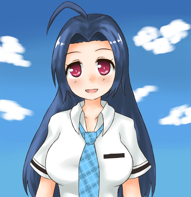kagami yuu, miura azusa, idolmaster, idolmaster (classic), 00s, 1girl, blue hair, blush, breasts, cloud, female focus, long hair, necktie, outdoors, red eyes, rough time school, school uniform, serafuku, sky, smile, solo, standing, upper body