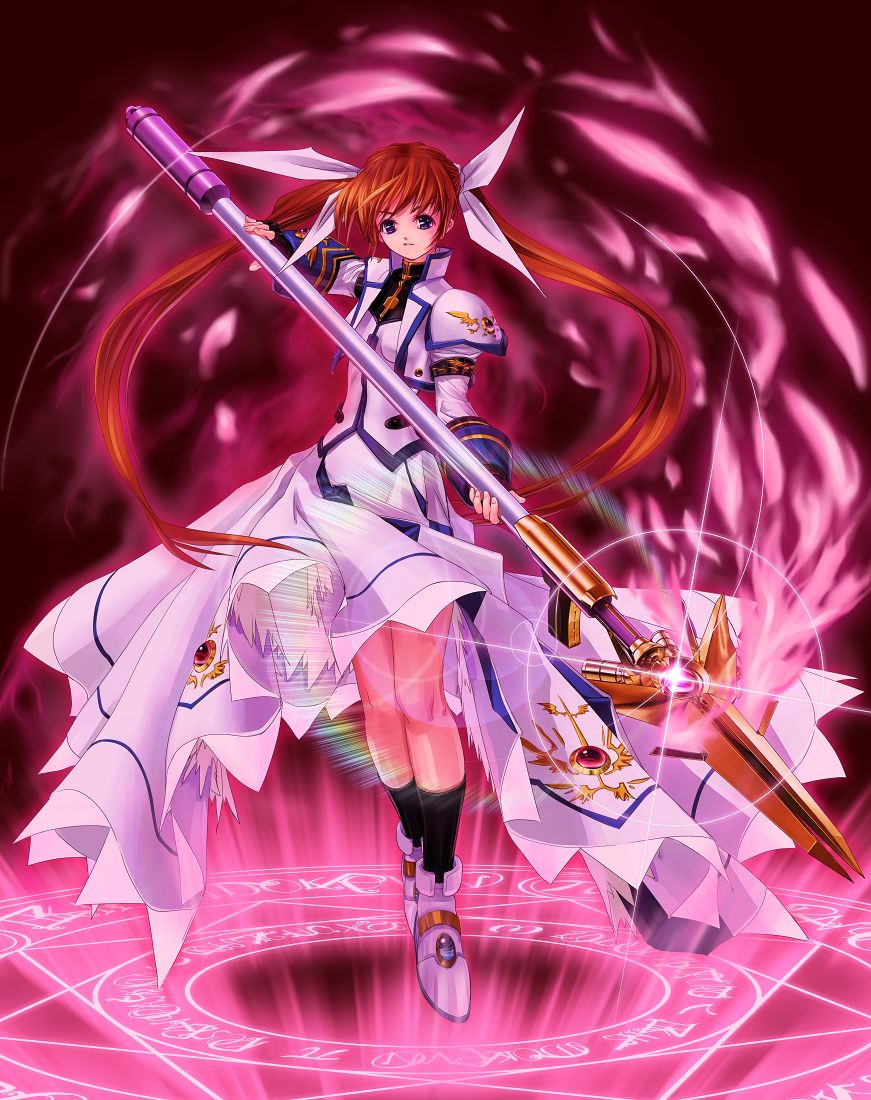 tom (1art.), raising heart, raising heart (exceed mode), takamachi nanoha, takamachi nanoha (exceed mode), lyrical nanoha, mahou shoujo lyrical nanoha, mahou shoujo lyrical nanoha strikers, 00s, 1girl, brown hair, female focus, fingerless gloves, gloves, long hair, magic circle, magical girl, octagram, purple eyes, solo, staff, standing, standing on magic circle, twintails
