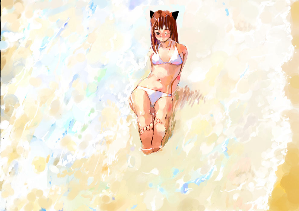 kusaka souji, erica fontaine, sakura taisen, sakura taisen iii, 00s, 1girl, animal ears, barefoot, bikini, brown hair, cat ears, feet, female focus, long hair, one eye closed, sand, soles, solo, swimsuit, water, white bikini, wink