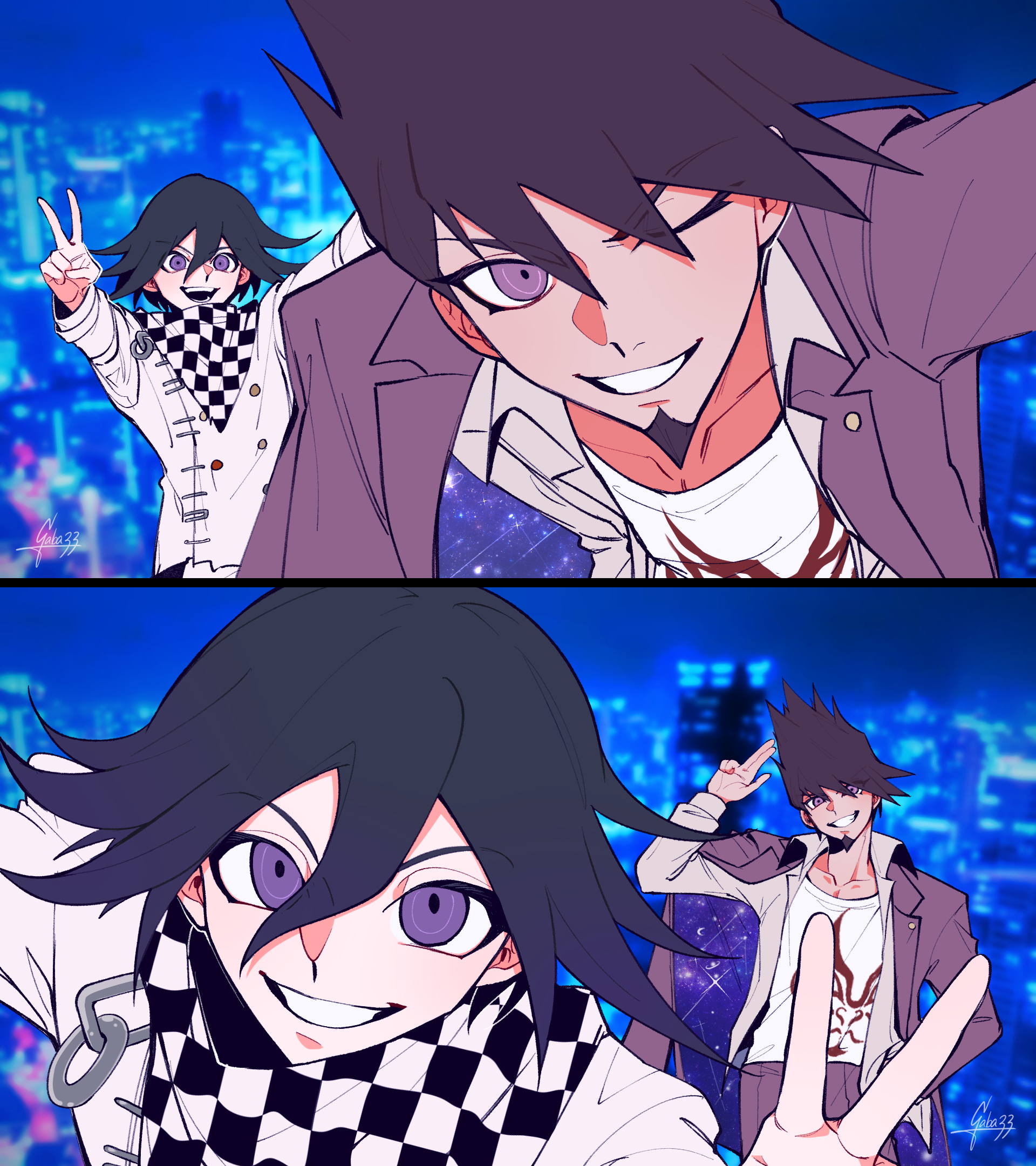 gaba33, momota kaito, oma kokichi, danganronpa (series), danganronpa v3: killing harmony, commentary request, highres, 2boys, arm behind back, belt, black sclera, blue sky, buttons, chain, checkered clothes, checkered scarf, city, coat, coat partially removed, collarbone, collared coat, collared jacket, colored sclera, denim, double-breasted, eyelashes, eyes visible through hair, facial hair, flame print, goatee, grey jacket, grin, hair between eyes, hand in pocket, happy, height difference, jacket, jeans, lapel pin, lapels, leaning forward, long hair between eyes, long sleeves, looking at viewer, male focus, multicolored buttons, multiple belts, multiple boys, multiple views, night, night sky, notched lapels, one eye closed, open clothes, open jacket, outdoors, outstretched arms, pale skin, pants, pectoral cleavage, pectorals, print coat, print shirt, purple coat, purple eyes, purple hair, purple pants, scarf, selfie, shirt, short hair, sky, smile, space print, spiked hair, split theme, starry sky print, teeth, torn clothes, torn jacket, two-sided coat, two-sided fabric, two-tone scarf, v, white belt, white jacket, white scarf, white shirt, wrist belt