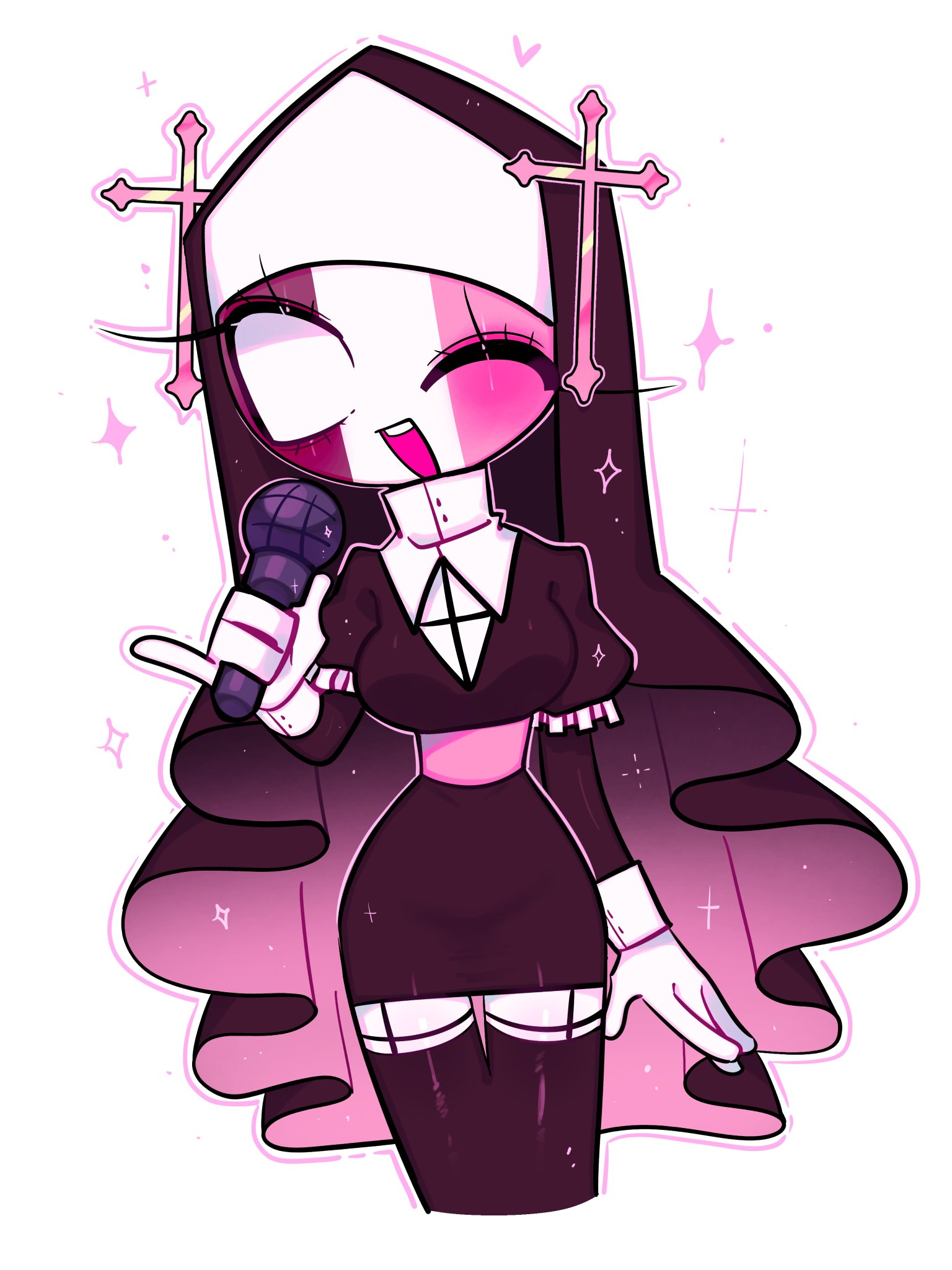 1018sus, sarvente (friday night funkin'), friday night funkin', highres, 1girl, ;d, arm at side, belt, black dress, black thighhighs, black veil, blank eyes, breasts, colored skin, cropped legs, cross, dress, fewer digits, frilled sleeves, frills, garter straps, hand up, hat, holding, holding microphone, juliet sleeves, long sleeves, looking at viewer, medium breasts, microphone, nun, one eye closed, open mouth, pencil dress, pink belt, pinky out, puffy sleeves, shirt, simple background, smile, solo, sparkle, standing, teeth, thigh gap, thighhighs, upper teeth only, v-neck, veil, white background, white shirt, white skin, white sleeve cuffs, zettai ryouiki