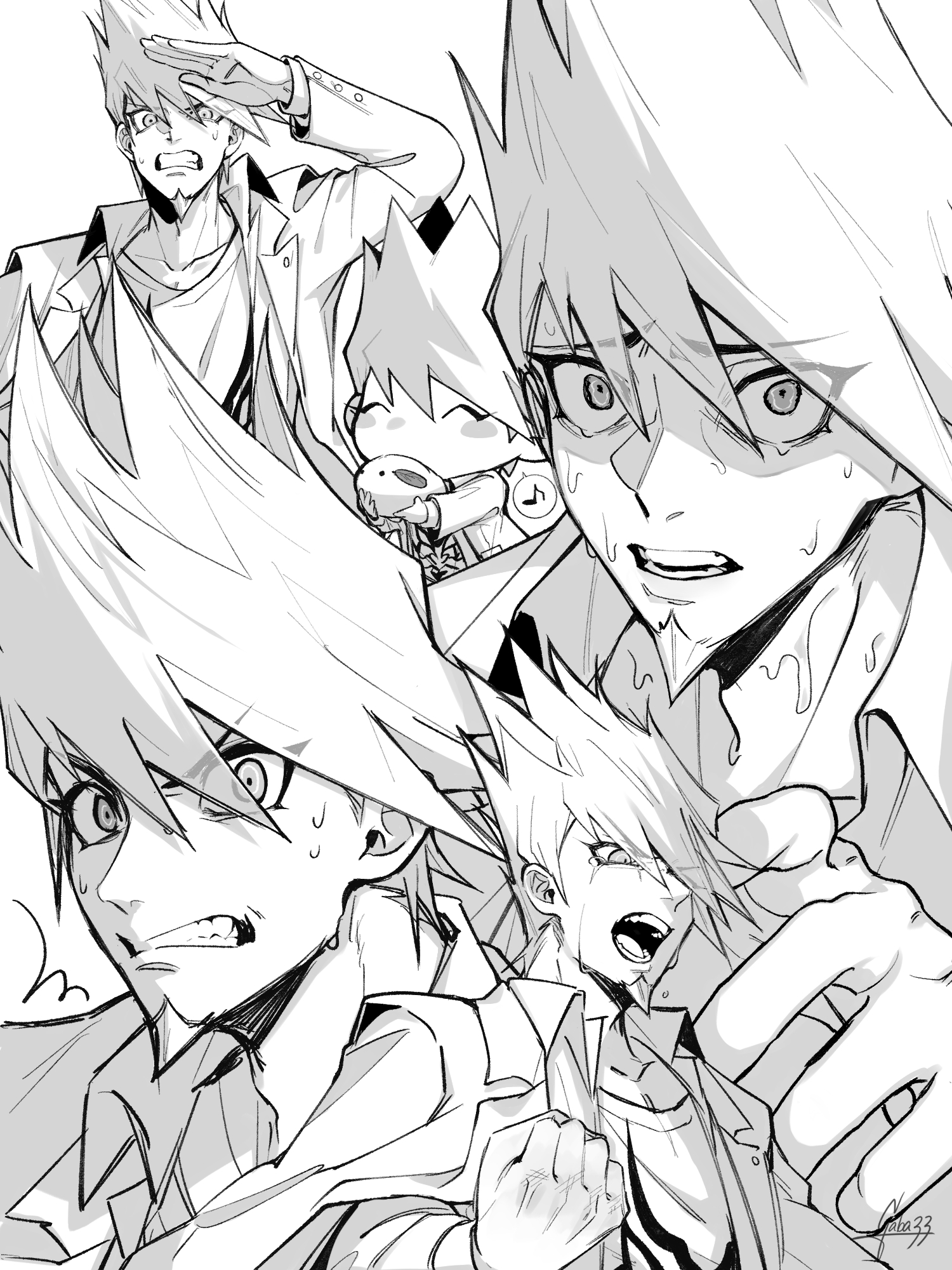 gaba33, momota kaito, danganronpa (series), danganronpa v3: killing harmony, commentary request, highres, 1boy, ^^^, ^ ^, blush stickers, chibi, clenched teeth, closed eyes, coat partially removed, collarbone, collared coat, collared jacket, determined, eyelashes, eyes visible through hair, facial hair, flame print, furrowed brow, goatee, greyscale, hair between eyes, happy, holding, holding stuffed toy, hugging object, jacket, lapel pin, lapels, male focus, monochrome, multiple expressions, multiple views, musical note, nervous sweating, no mouth, notched lapels, open clothes, open jacket, outstretched hand, pectoral cleavage, pectorals, pointy nose, print shirt, sad, salute, scared, shaded face, shirt, short hair, signature, simple background, speech bubble, spiked hair, spoken musical note, stuffed toy, surprised, sweat, teeth, upper body, white background, wide-eyed