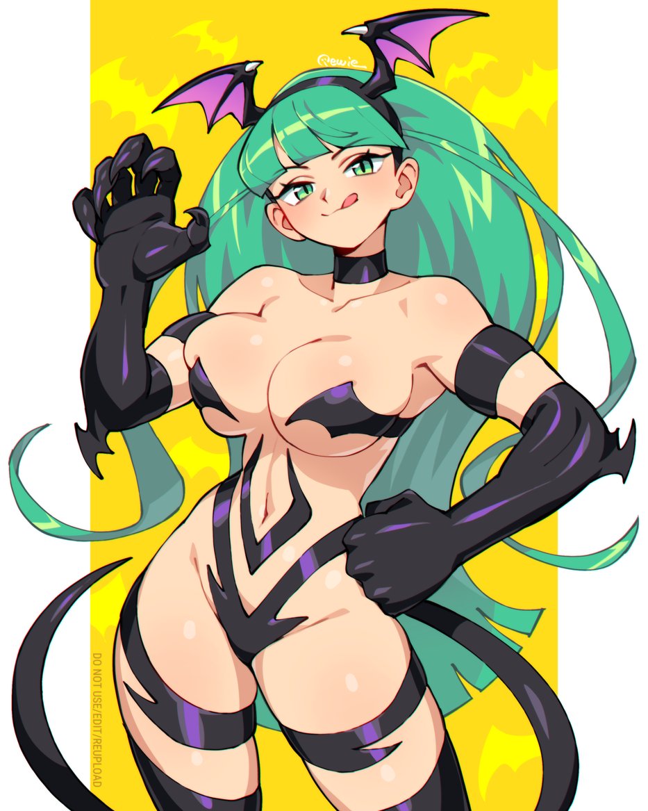 qqqewie, morrigan aensland, breasts, choker, claw pose, claws, collarbone, cowboy shot, felicia (darkstalkers) (cosplay), fist on hip, green eyes, green hair, large breasts, long hair, navel, revealing clothes, thick thighs, thighs, tongue, tongue out, yellow background