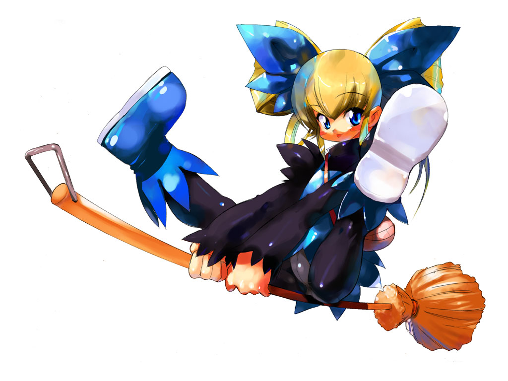 kusaka souji, marion, gunbird, 1girl, boots, broom, female focus, flying, full body, legs up, panties, pantyhose, ribbon, simple background, solo, spread legs, underwear, white background, witch