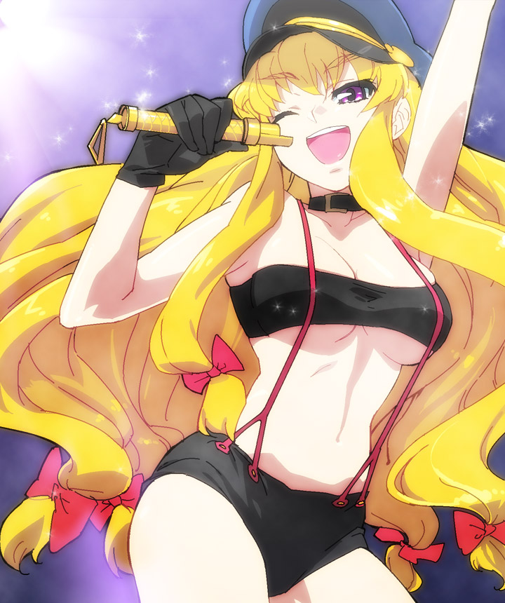 tonbi, endou aya, sheryl nome, yakumo yukari, macross, macross frontier, touhou, bad id, bad pixiv id, 1girl, ;d, blonde hair, breasts, cosplay, female focus, long hair, one eye closed, open mouth, parody, ribbon, sheryl nome (cosplay), smile, solo, underboob, voice actor connection, wink