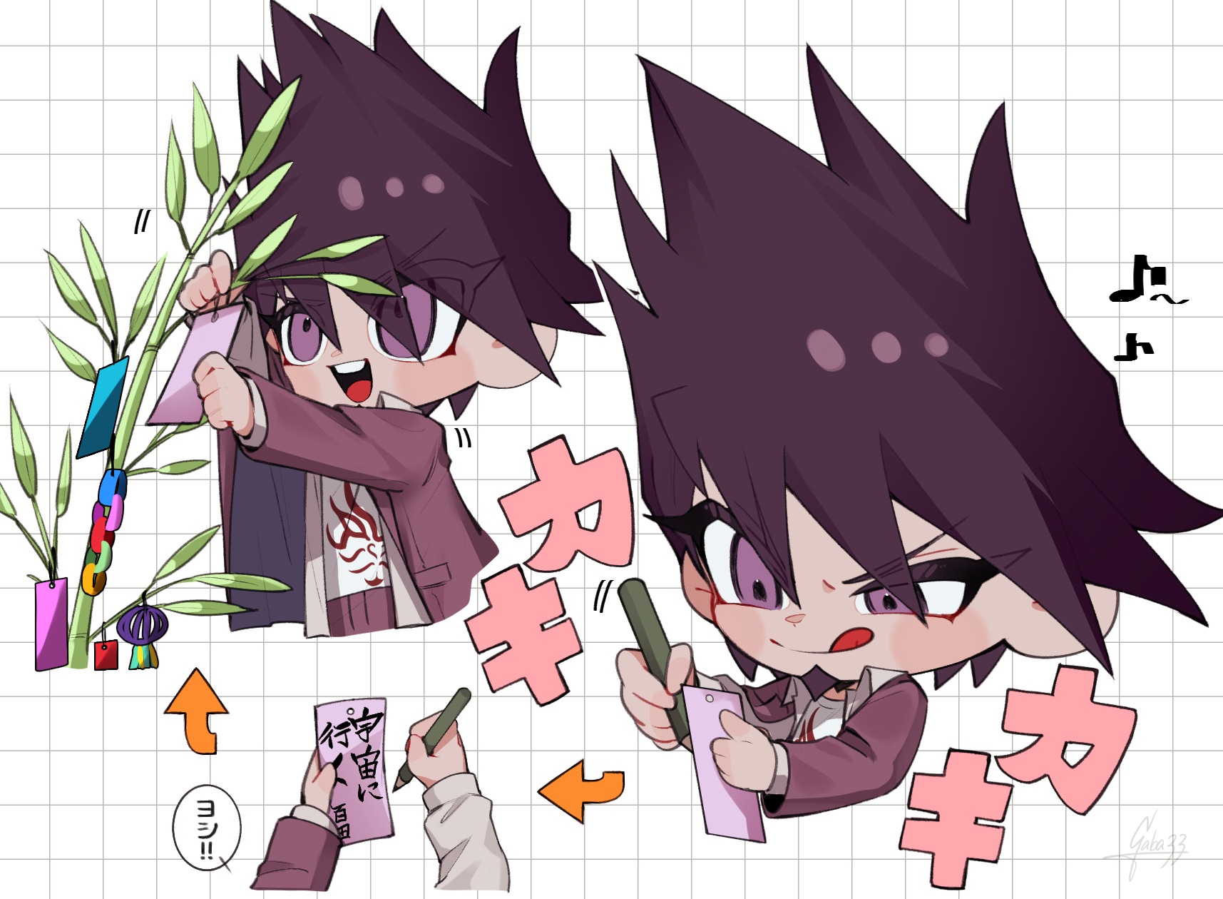 gaba33, momota kaito, danganronpa (series), danganronpa v3: killing harmony, commentary request, highres, translation request, 1boy, :q, arrow (symbol), bamboo, blush stickers, chibi, closed mouth, coat, collared coat, collared jacket, eyelashes, eyes visible through hair, flame print, furrowed brow, grey jacket, grid background, hair between eyes, half-closed eye, happy, holding, holding pen, holding tanzaku, jacket, lapels, looking at object, male focus, motion lines, multiple views, musical note, open clothes, open jacket, open mouth, pants, pen, pocket, print shirt, purple coat, purple eyes, purple hair, purple pants, shirt, short hair, smile, speech bubble, spiked hair, spoken musical note, tanabata, tanzaku, teeth, tongue, tongue out, two-sided coat, two-sided fabric, upper teeth only, v-shaped eyebrows, white background, white shirt, writing