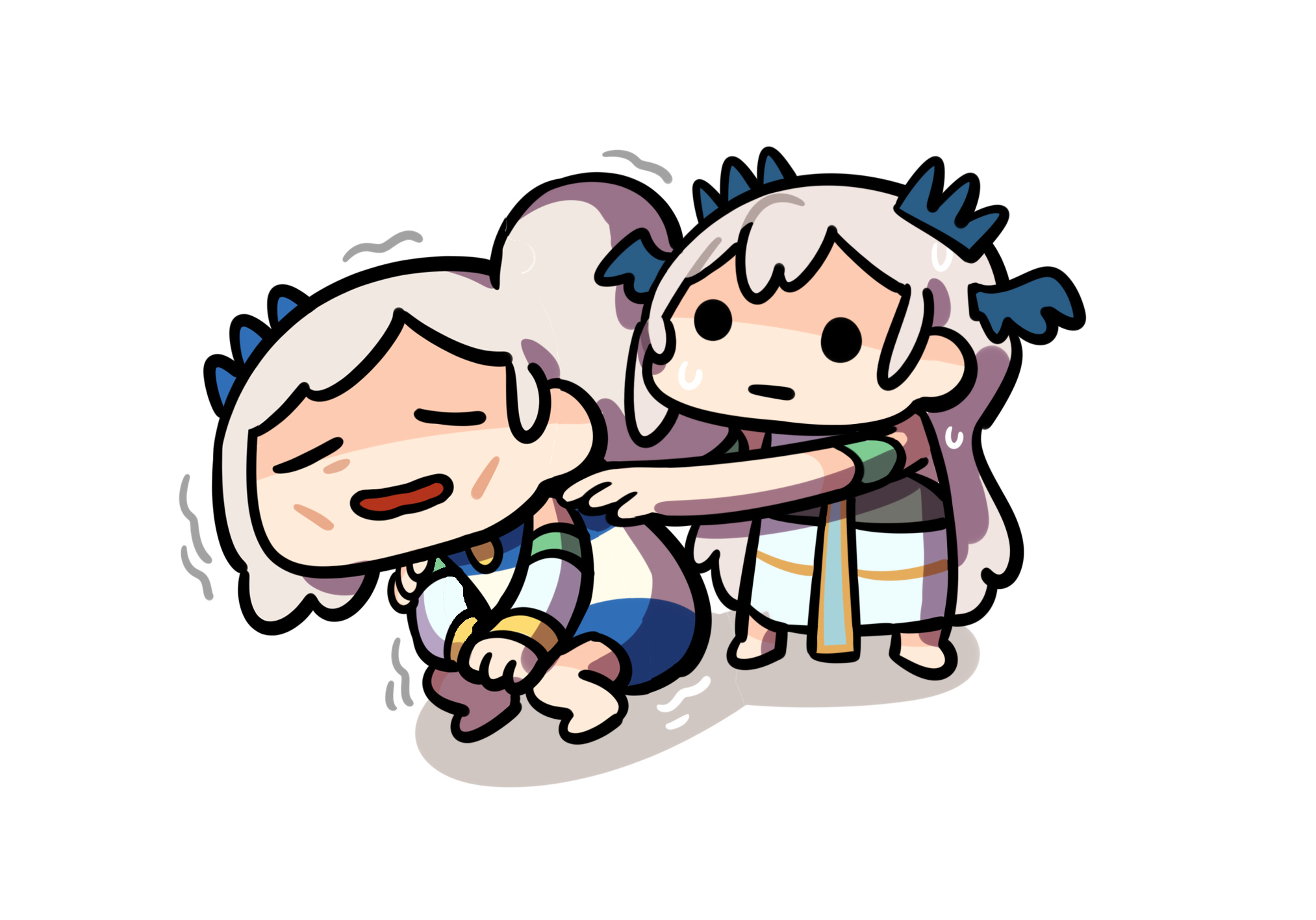 keenbiscuit, pavolia reine, pochimaru (vtuber), chibo, hololive, hololive indonesia, indie virtual youtuber, highres, 2girls, closed mouth, dress, grey hair, hand on another's shoulder, long hair, multiple girls, open mouth, trembling, virtual youtuber