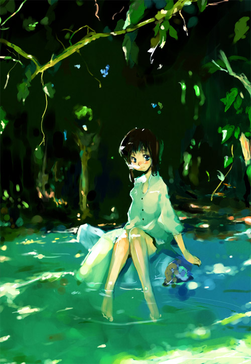 kusaka souji, original, 1girl, barefoot, bottomless, dress shirt, female focus, forest, nature, shirt, sitting, soaking feet, solo, water