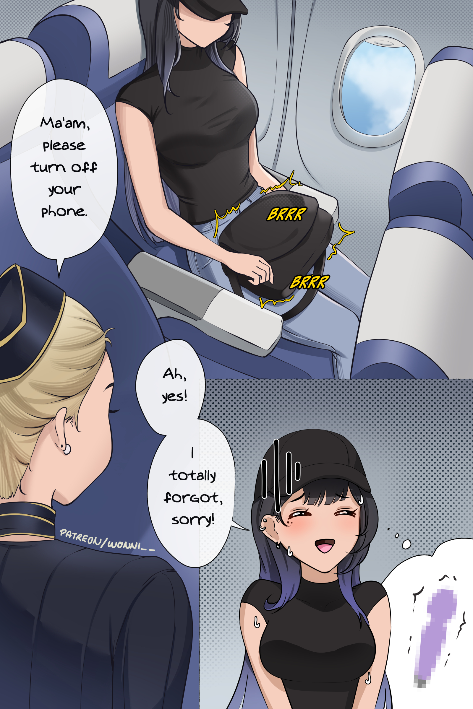 wonnikon, original, absurdres, highres, 2girls, airplane interior, baseball cap, black bag, black hair, black hat, black shirt, blonde hair, breasts, censored, closed eyes, earrings, english text, facial mark, grey pants, hat, heart, heart facial mark, jewelry, long hair, mole, mole under eye, mosaic censoring, multiple girls, open mouth, pants, patreon username, sex toy, shirt, sitting, smile, speech bubble, thought bubble, travel attendant, trembling, window