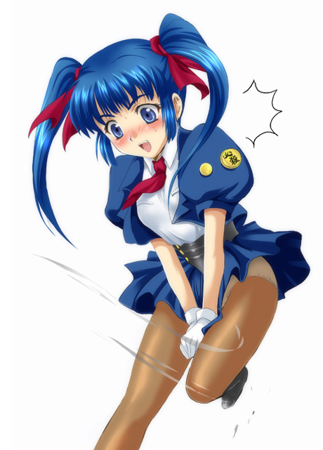 uzu, uzuratani (uzu), mio sasuga, banpresto, super robot wars, super robot wars the lord of elemental, 1girl, blue eyes, blue hair, blush, female focus, gloves, matching hair/eyes, panties, panties under pantyhose, pantyhose, ribbon, solo, surprised, sweatdrop, twintails, underwear, wind, wind lift