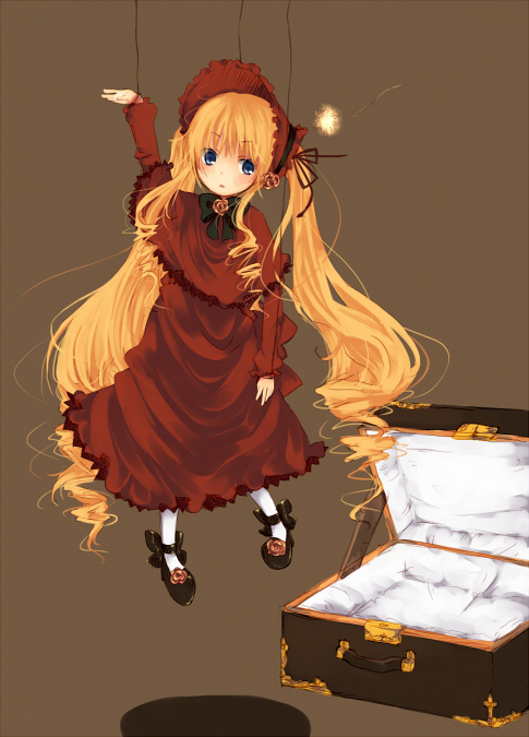 umi (umi02), shinku, rozen maiden, 00s, 1girl, arm up, blonde hair, bonnet, doll, dress, female focus, long hair, long sleeves, looking at viewer, mary janes, red dress, shoes, solo, string, suitcase, very long hair